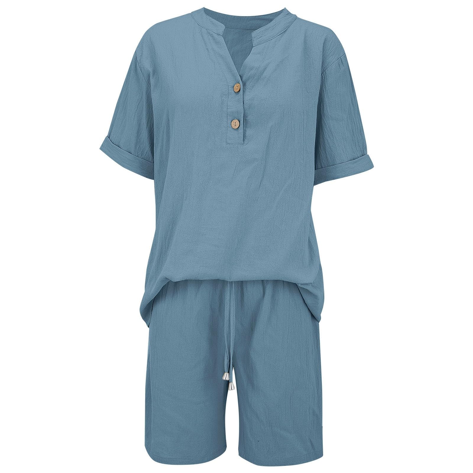 riou Chándal Mujer Completo Verano Original Moda Algodon Y Lino Conjunto 2 piezas Ligero Chándal Camisa + Pantalones Corto Pierna Ancha Transpirable Pijama Para Casual Fitness Running Jogging