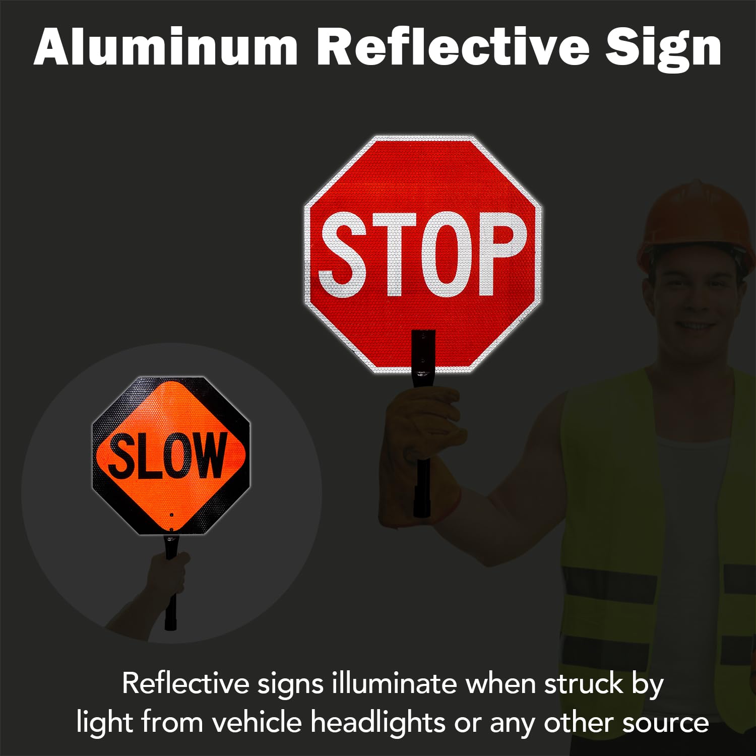 T&R (2 Pack) Stop Slow Sign with Handle, 13 x 13 Inches Double Sided Stop/Slow Traffic Sign, Rust Free Aluminum Reflective, Weather Resistant, Waterproof, Fade Resistant, Easy to Mount. — Amazon image 4