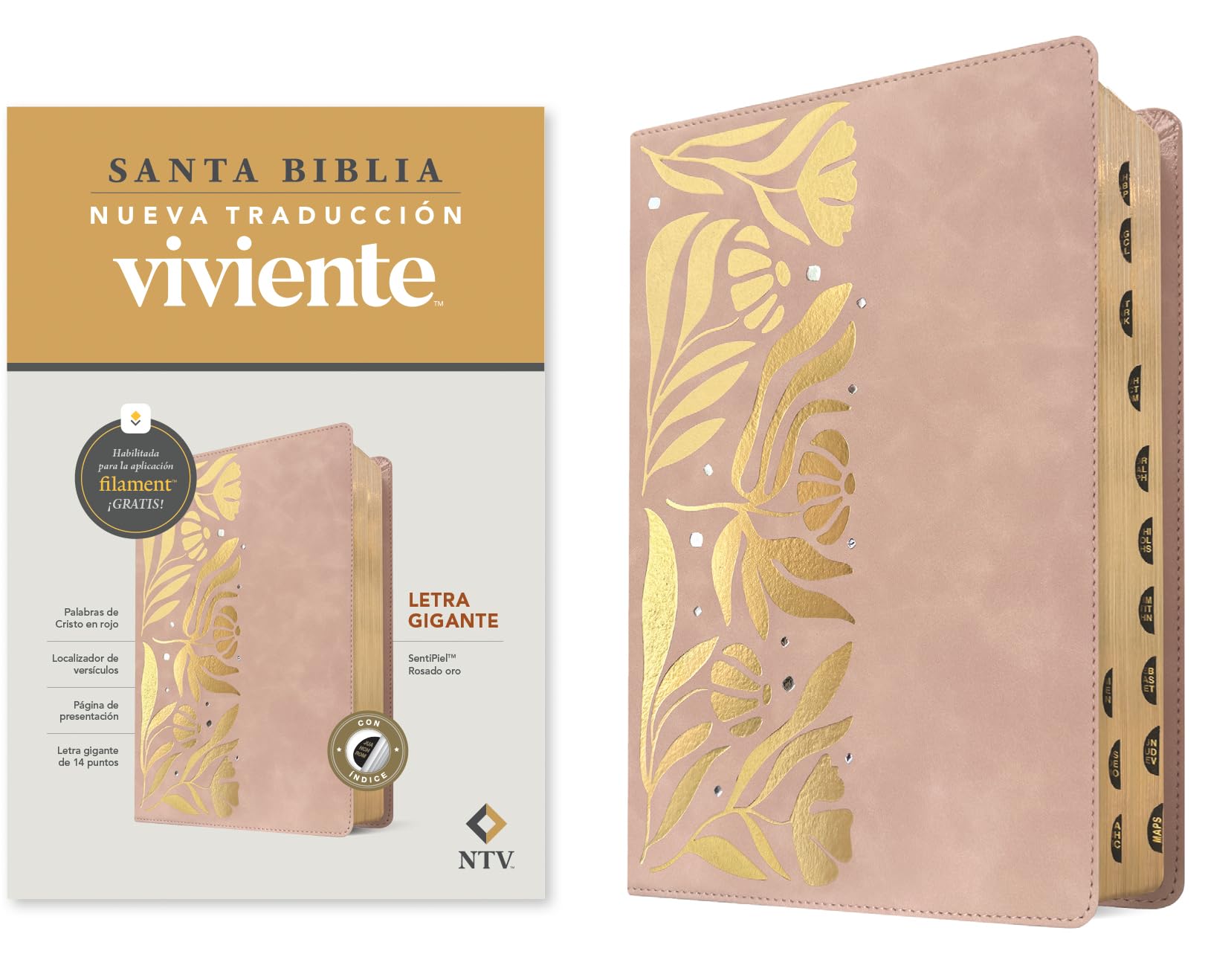 Biblia letra gigante NTV con Filament (SentiPiel, Rosado oro, ndice, Letra Roja)