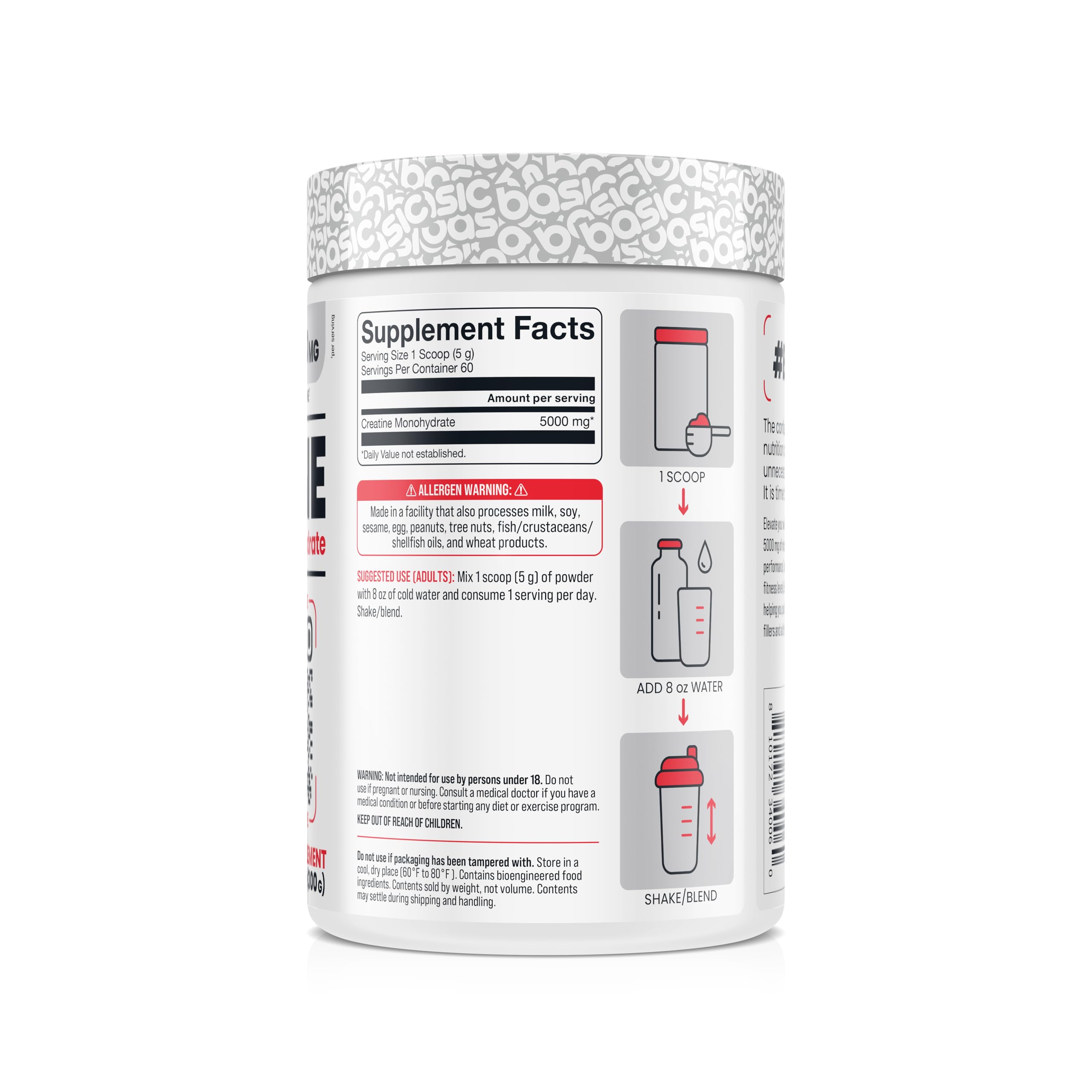 BASIC SUPPLEMENTS Micronized Creatine Monohydrate, 5000mg per Serving, Helps Enhance Power and Performance, Helps Improve Strength, Third Party Lab Tested, Instant-Mix, Gluten Free, Vegan Friendly