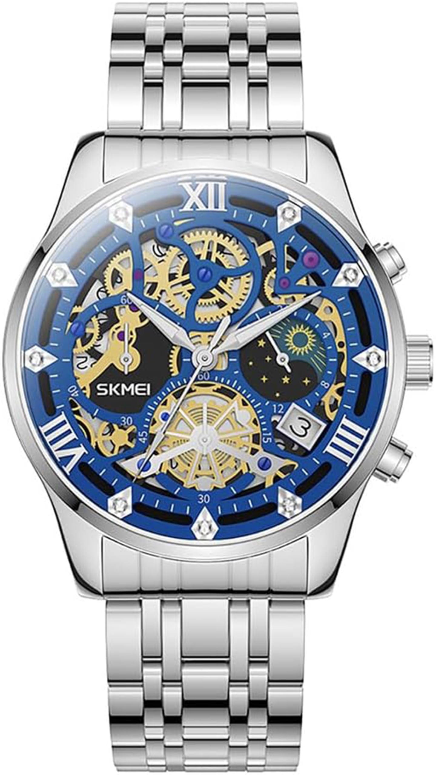 Mens Watches, Upgraded Gear Design Mens Skeleton Watch, Chronograph Luxury Diamond Dress Business Analog Quartz Wrist Watches for Men, 100fts Waterproof Luminous Moon Phase, Unique Gift for Mens