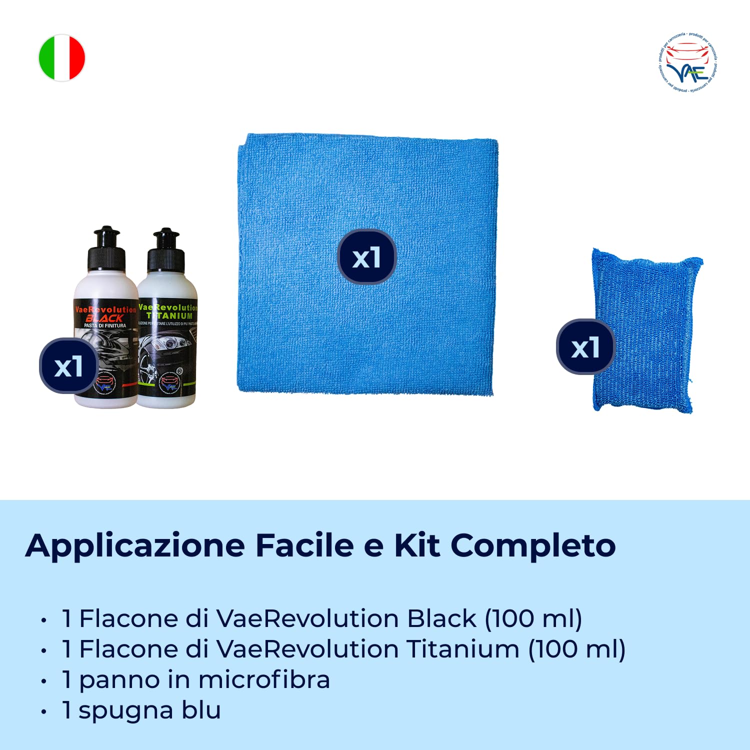 VAE Mini Kit Lucidatura Auto Manuale PLUS, Kit Completo Rimozione Segni Medio-Profondi, Revolution Titanium 100g + Revolution Black 100g, Spugna Lucidante e Panno Microfibra, Finitura Professionale