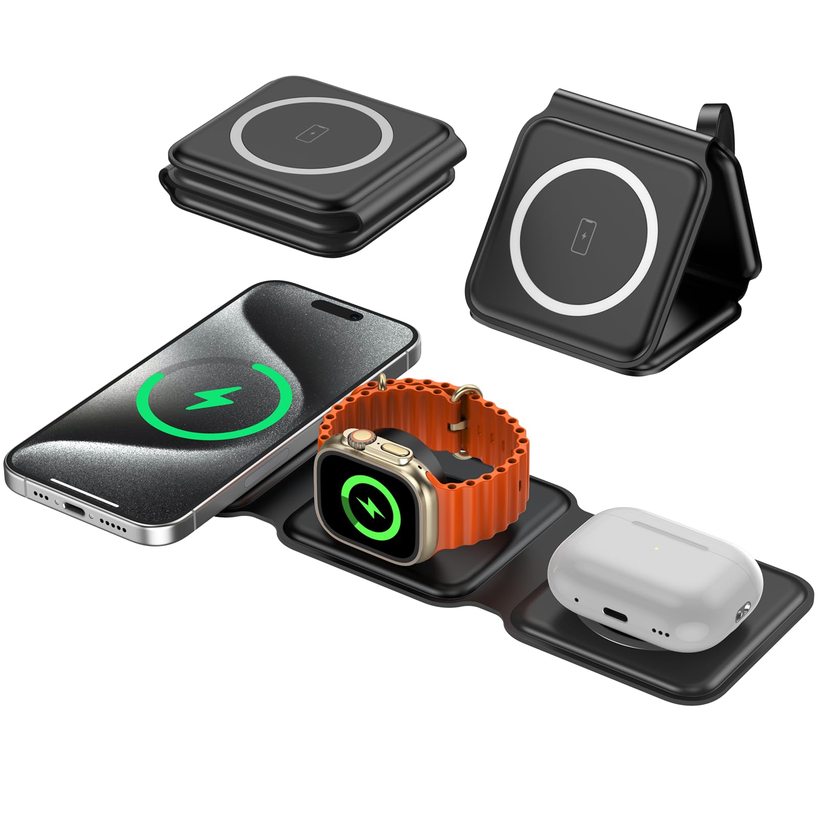 Foldable Wireless Charger, 3 in 1 Wireless Charging Station for iPhone 16/15/14/13/12/11 Pro Max/X/XS, Fast Magnetic Travel Wireless Charging Pad for AirPods 4/3/2/Pro Apple Watch