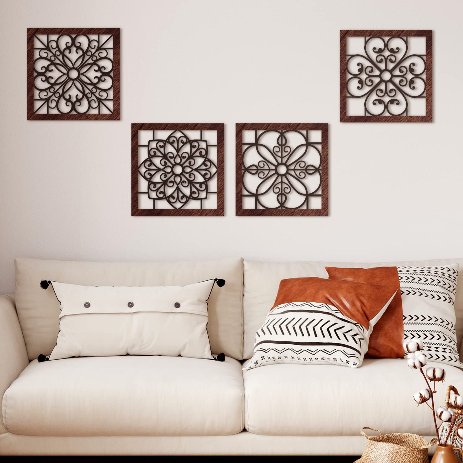 4-Piece Rustic Wooden Wall Art Set – Hollow Carved Round Designs, 16x16 Inch, Farmhouse Decor For Living Room, Bedroom, Kitchen - View #3