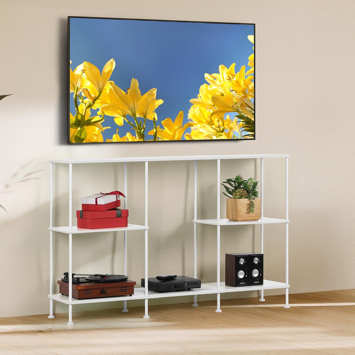 TV Stand for 50 Inch TV, White TV Stands for Living Room, 3 Tier Tall Entertainment Center with Storage Shelves, Narrow Console Table for Bedroom, Wood Media Stand TV Cabinet for Small Spaces, White