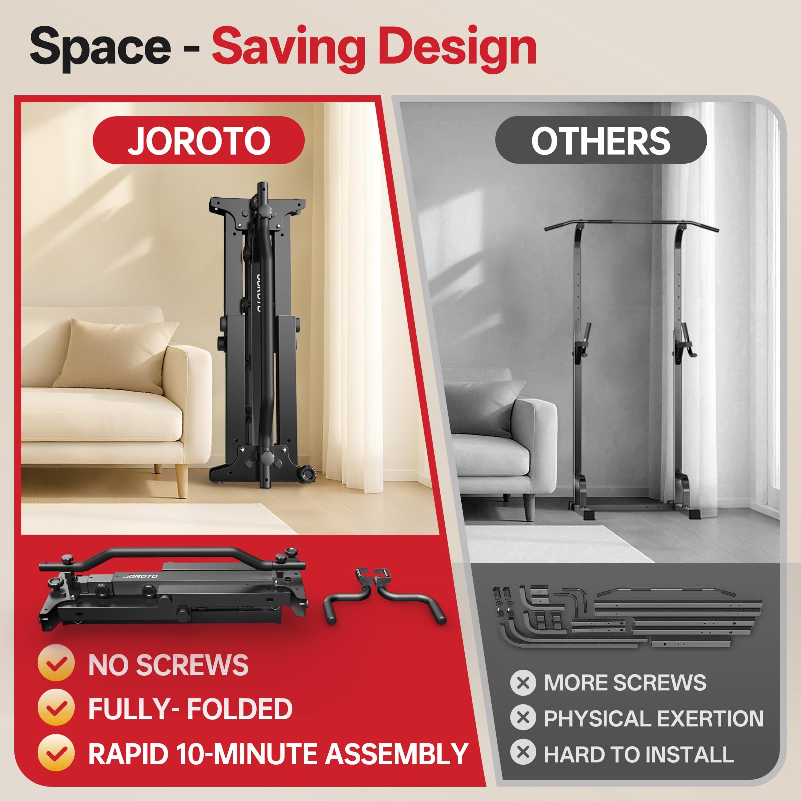 JOROTO Plegable Power Tower Dip Station, Altura Ajustable Estación de Dominadas Independiente, 5 en 1 Estación de Fondos Multifuncional Home Gym Pull Up Station, 172KG Capacidad