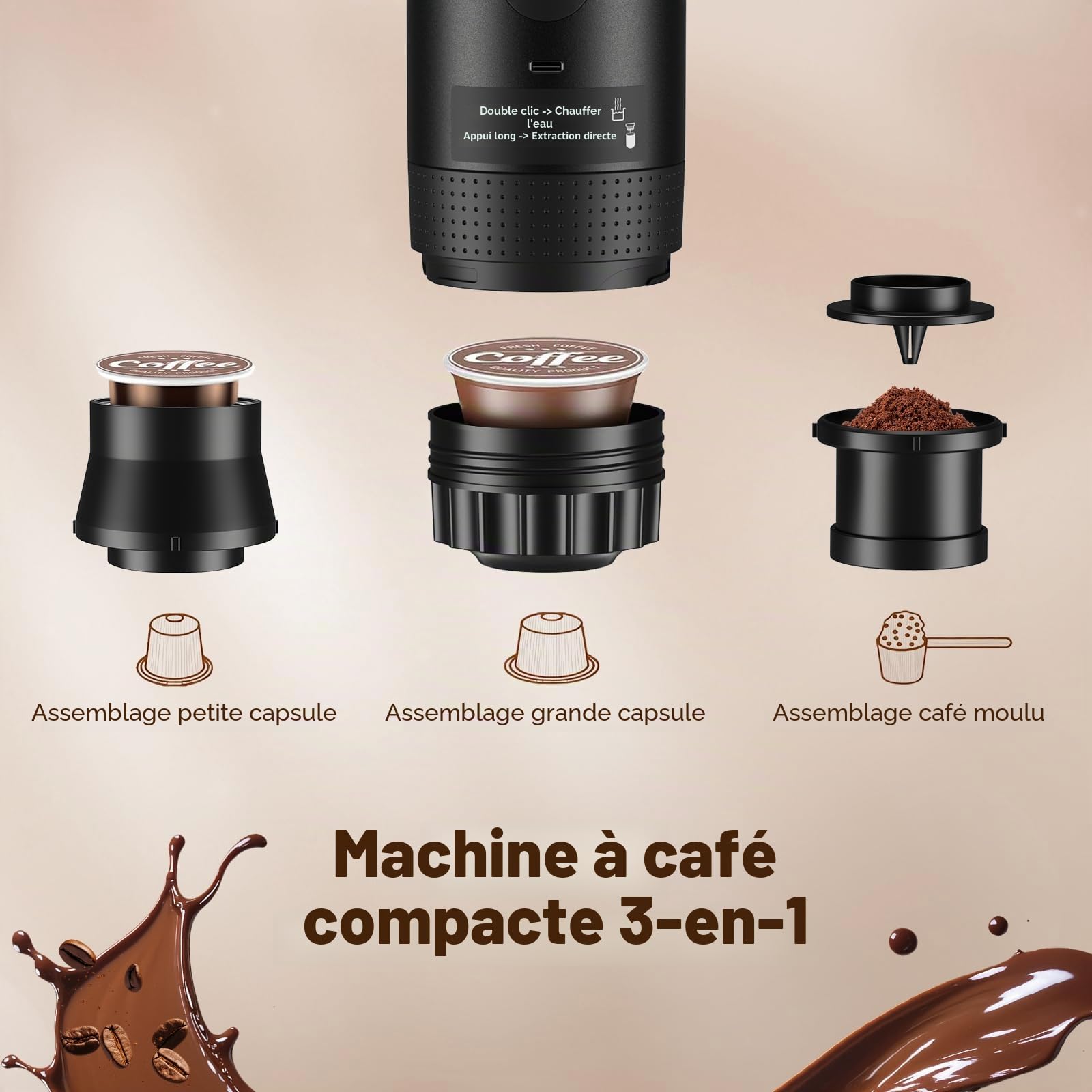 Machine à café portable 3 en 1 20 bar, batterie 7500 mAh USB-C, extraction chaud/froid avec affichage, capsules et café moulu, noir