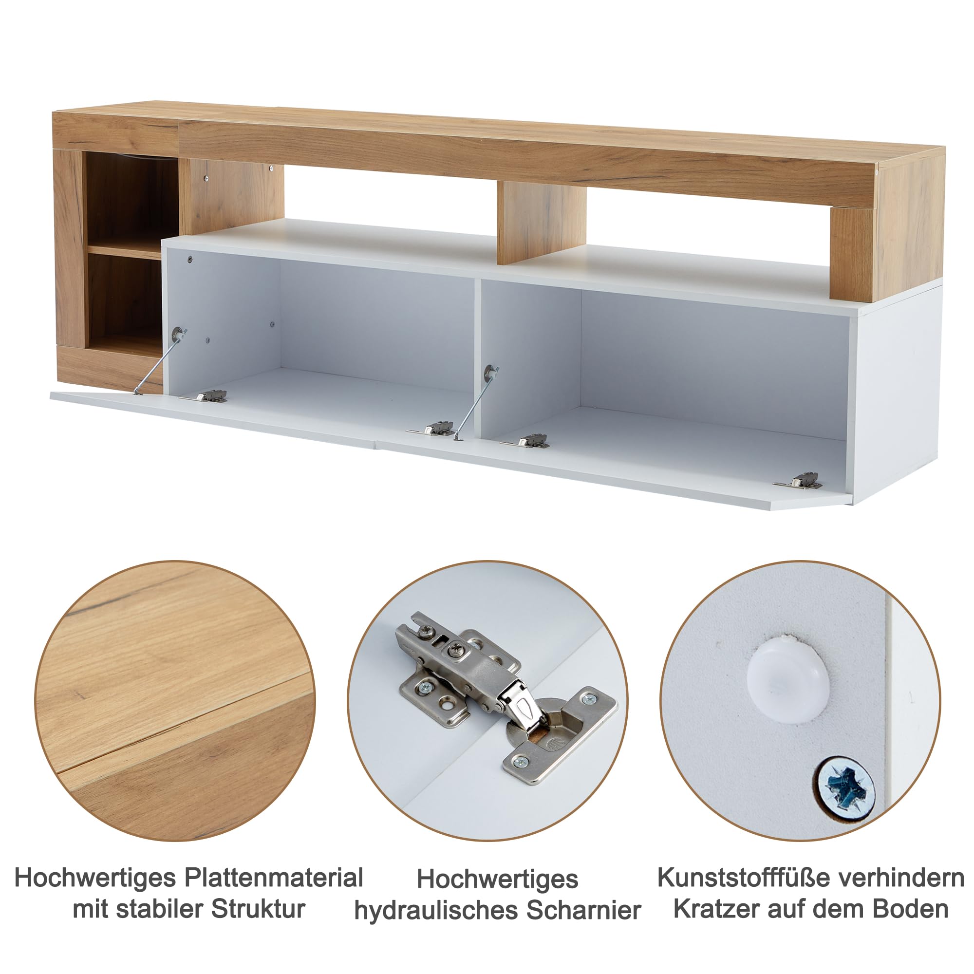 Mueble de TV moderno para televisores de hasta 80 pulgadas, espacio de almacenamiento abierto con luz indicadora LED, adecuado para armario de dormitorio y sala de estar, marco de madera