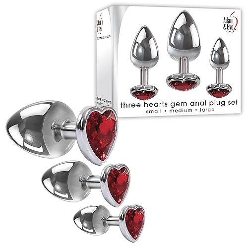 Adam & Eve Three Hearts Gem Anal Plug Set, 3 Piece Polished Aluminum Butt Plug Kit with Sparkling Jewel Bases, Small Medium Large Sizes, Tapered Tips for Easy Insertion, Includes Velvet Storage Bag