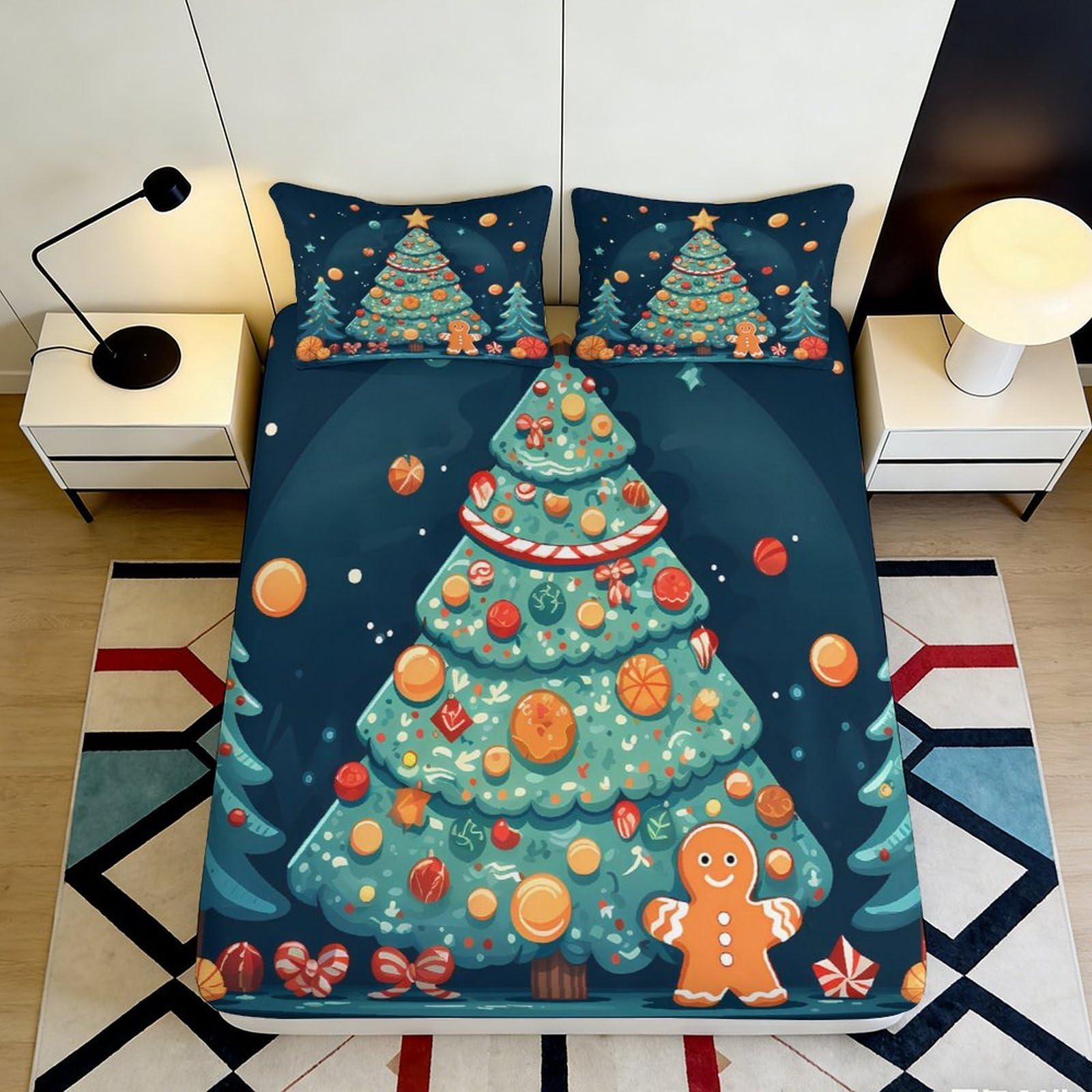 3D Printed Christmas Tree Fitted Sheet Microfiber Soft Dark Blue Gingerbread Bed Cover for Bedroom Guestroom Decor 90x200x25cm