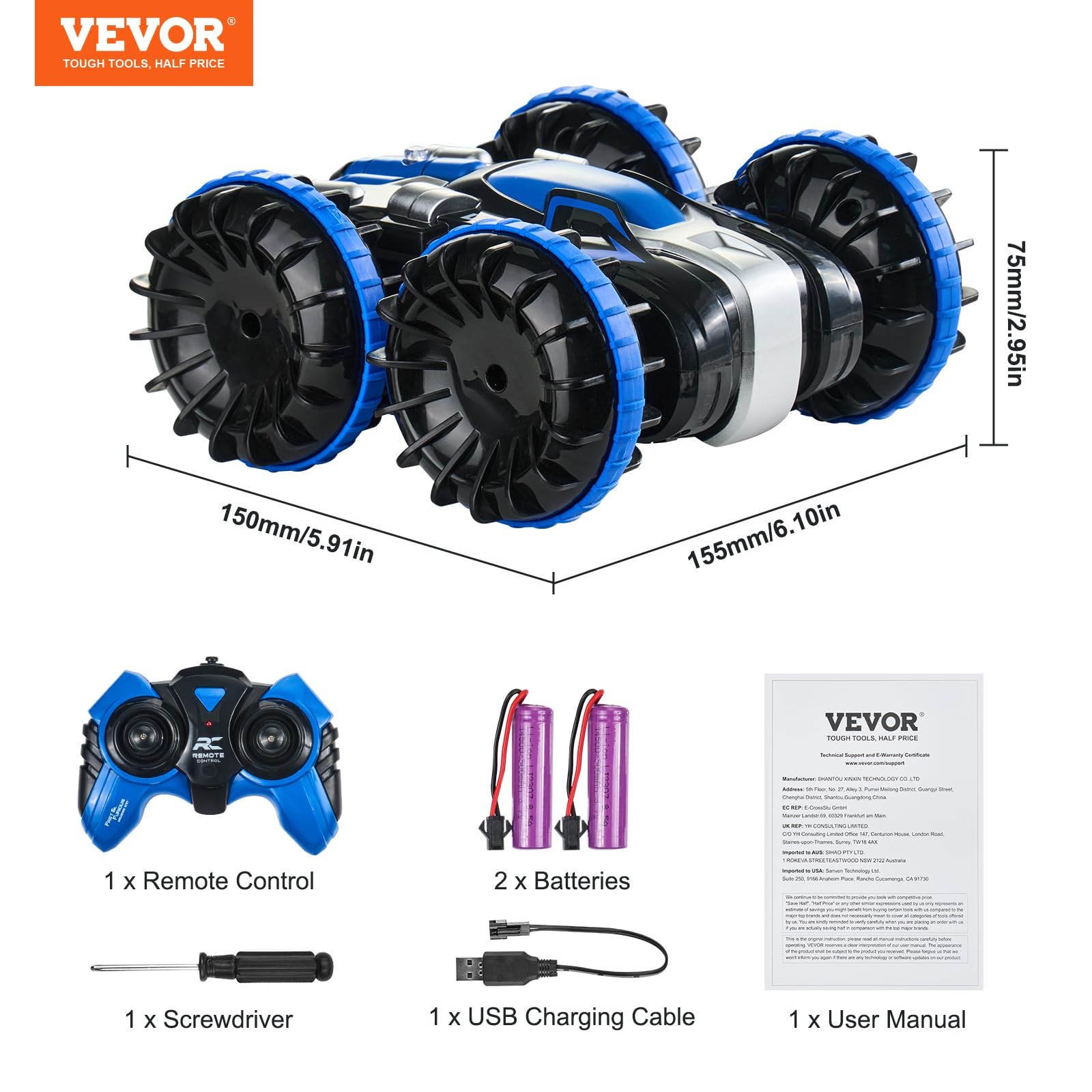 VEVOR Voiture télécommandée amphibie, 4WD étanche 2,4 GHz pour enfants, voiture télécommandée rotative à 360° avec 2 batteries, jouet tout-terrain, plage, piscine pour garçons et filles de 6 ans et