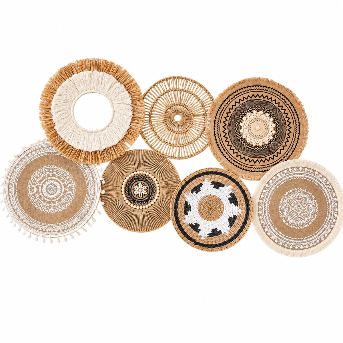QCMVLGR Set Decoración de Pared Boho con Cestas Tejidas, Ratán Fibra Natural Hecho a Mano, 5 Estilos Combinables, Salón Dormitorio Comedor(B)