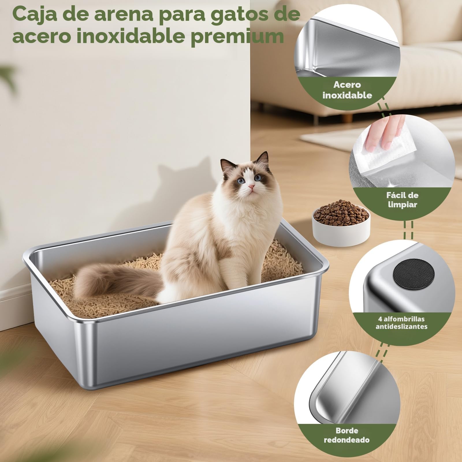 Gimars Caja de Arena XXL de Acero Inoxidable Engrosado - Fácil de Limpiar, con Bordes Altos, a Prueba de Óxido, No Absorbe Olores, Bandeja Metálica para Gatos y Conejos
