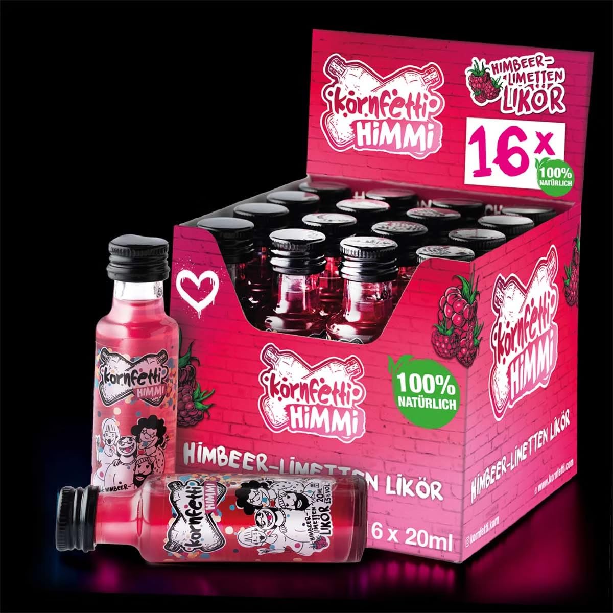 HIMMI 2x MINIs Himbeerlikör mit Limetten-Kick: Fruchtig-Süßer Schnaps, Weizenkorn Basis, Festival Kurze Geschenk, Für Cocktails & Shots