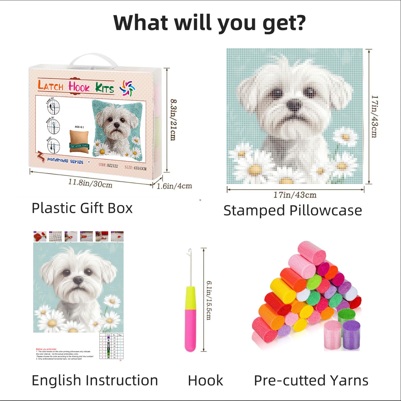 DIY Latch Hook Pillow Kits for Adults Cute Maltese Dog in Daisy Flowers Printed Pillowcase Crochet Yarns Hooking Handmade Pillow Cover Cushion for Home Sofa Decor 17x17inch(1)