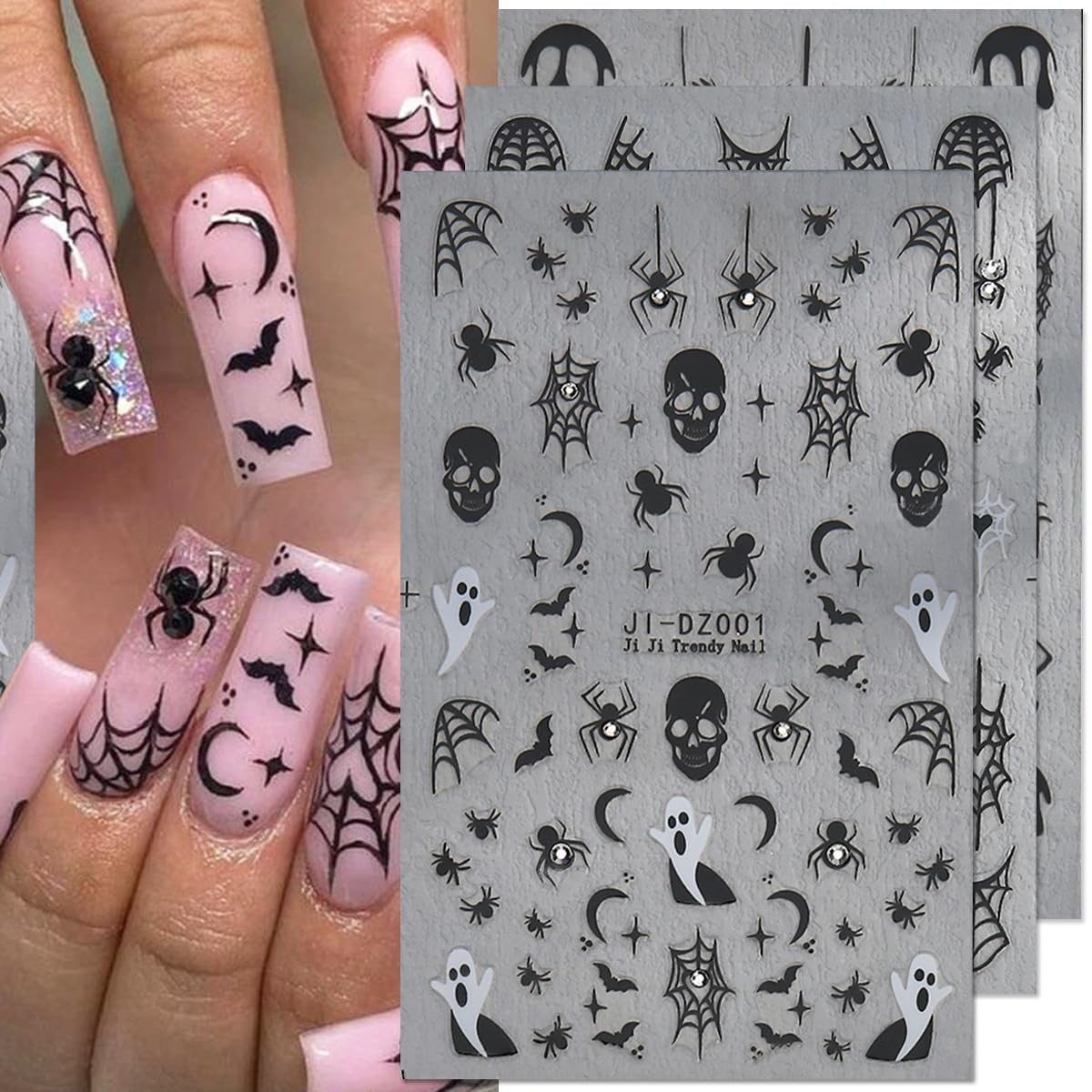 Halloween Nail Art Stickers With Rhinestone - 6PCS Spider Web, Skull, Ghost Design - 3D Manicure Decal Dark Black Decorations Supplies for Women
