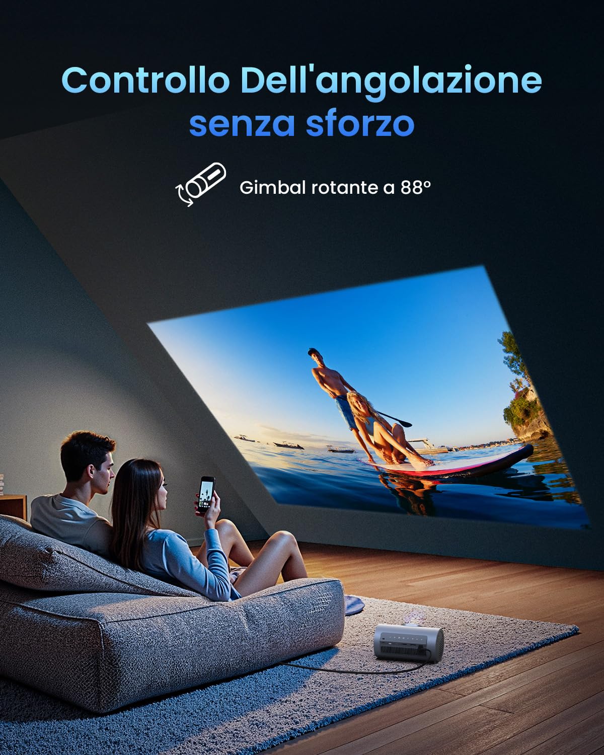JMGO PicoPlay 1080P Proiettore Portatile Intelligente, GTV, Netflix, 400 ISO Lumen, 8W Dolby Digital, 3D Attivo, HDR10, Mini Proiettore con Wi-Fi e Bluetooth per Casa, Esterni, Include Liltro Ottico