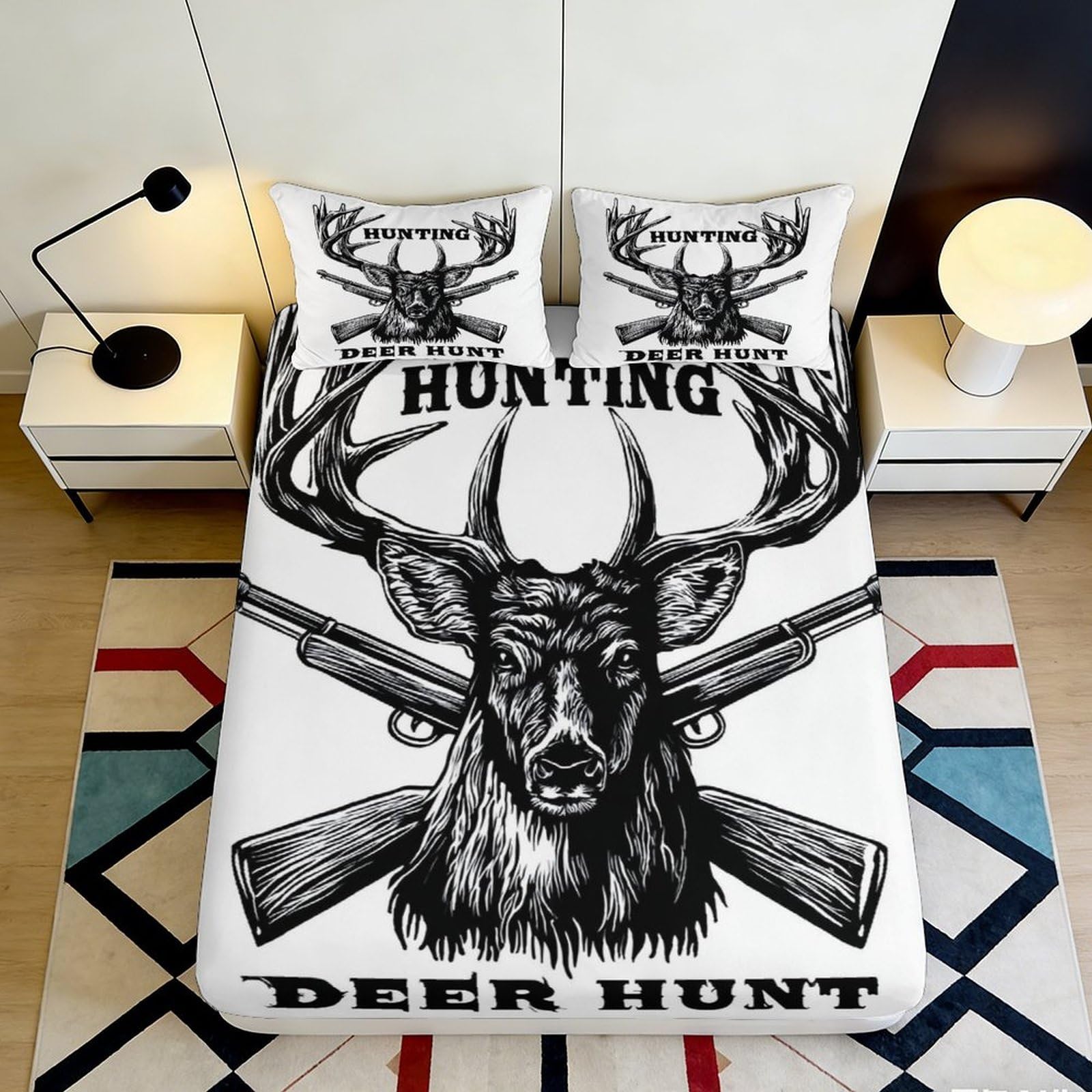 3D Printed Deer Hunting Fitted Sheet Microfiber Soft Black White Animal Bed Cover for Bedroom Dorm Mattress Decor 180x200x25cm