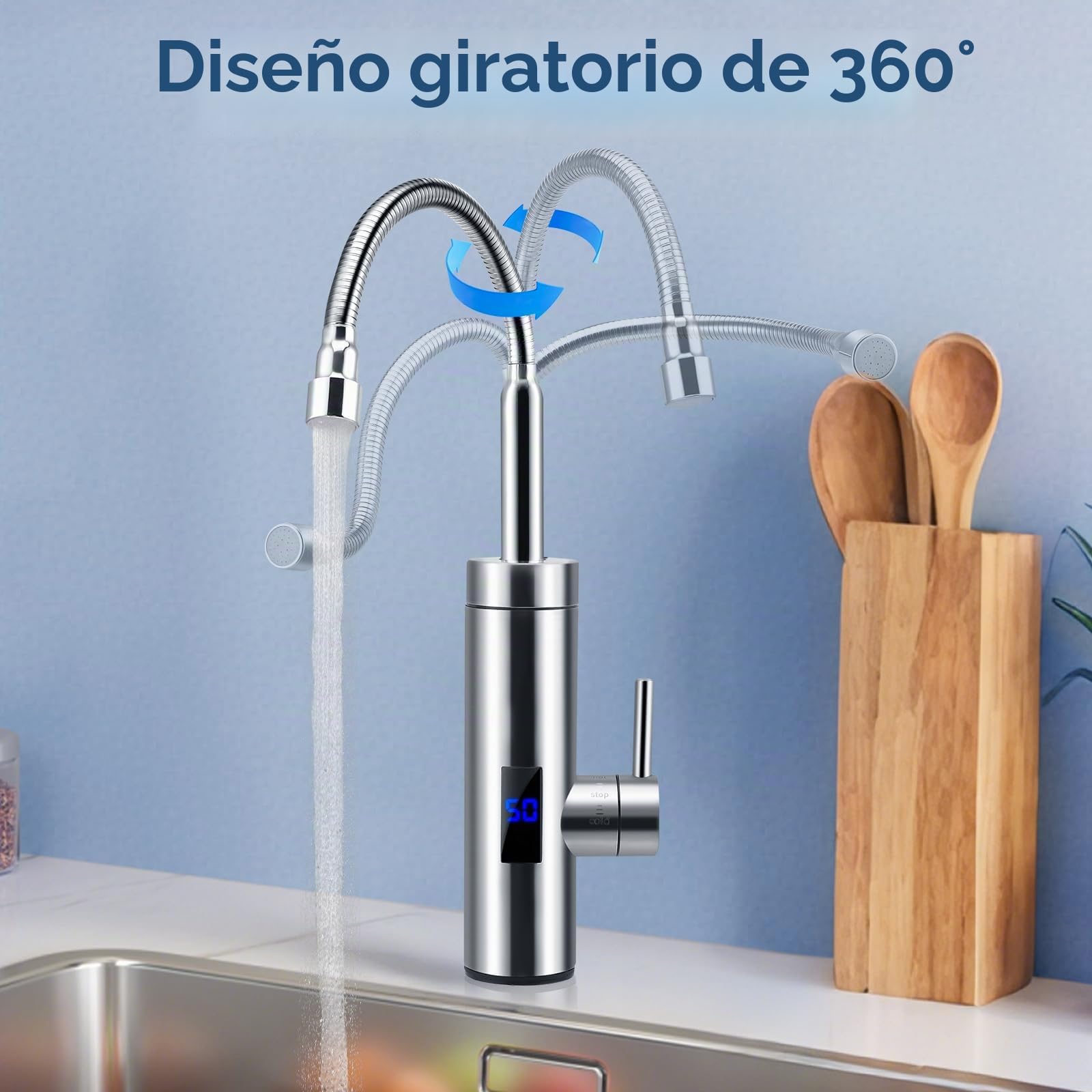Grifo con calentador de agua instantáneo, grifo de 360°, 3000 W, grifo de acero inoxidable con indicador de temperatura LCD para cocina, jardín y caravana (A)