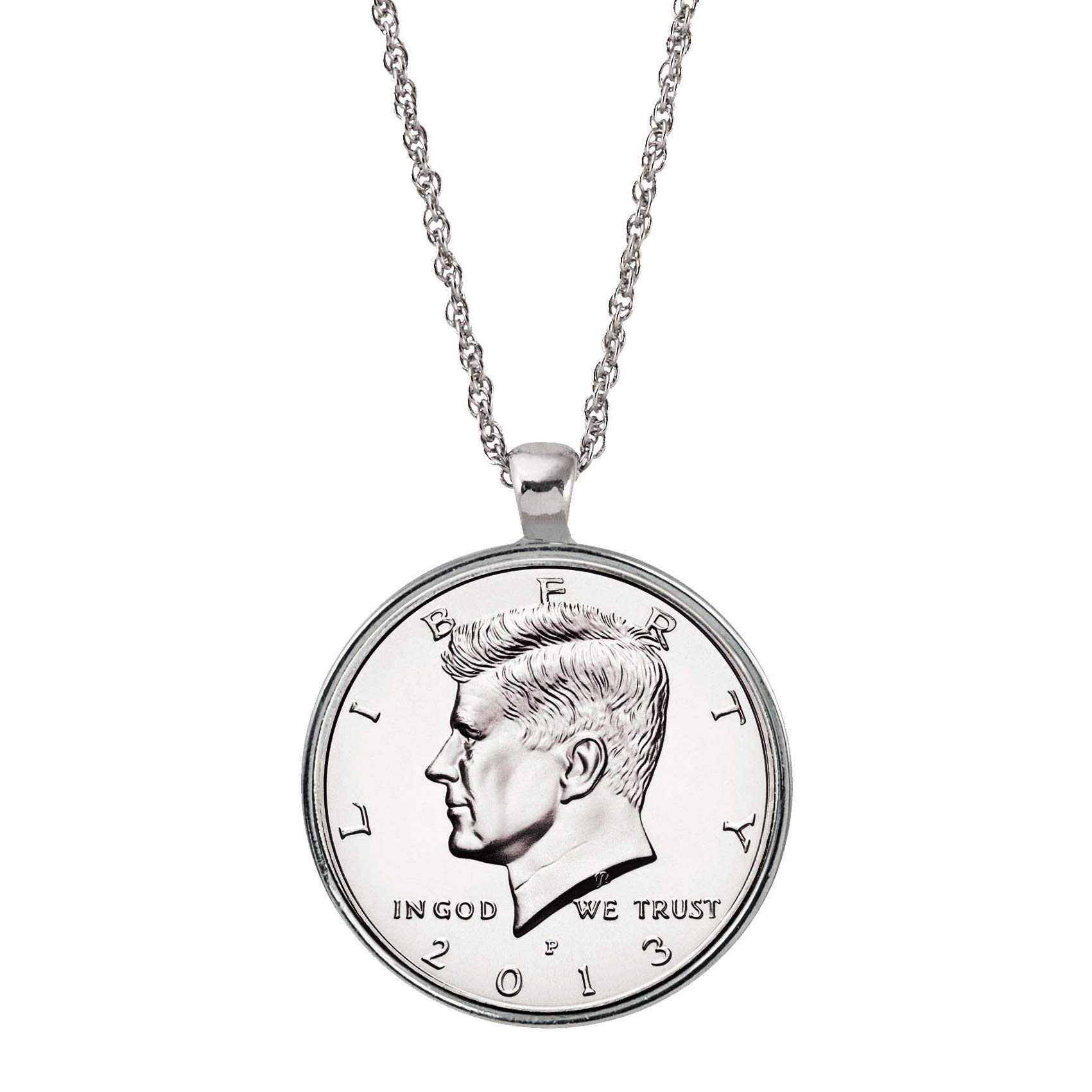 American Coin TreasuresJFK Half Dollar Coin Silvertone Pendant Necklace