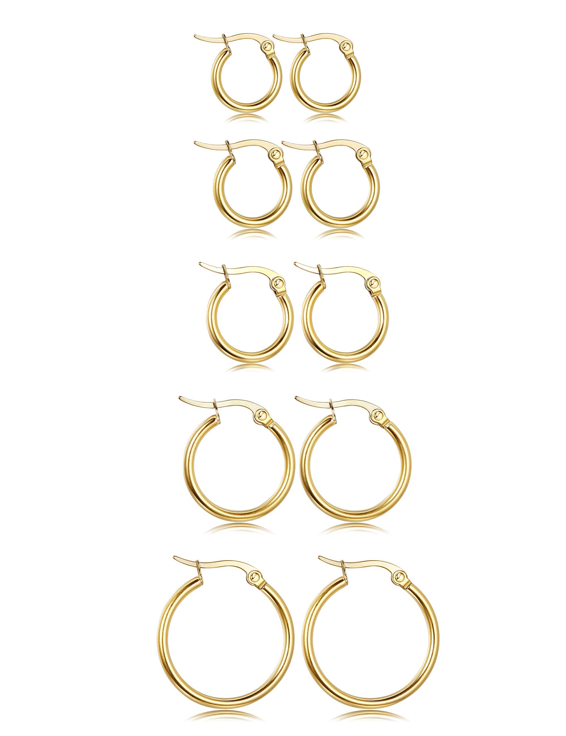 Adramata5-10 Pares Acero Inoxidable Pendientes Aro Mujer Hombre Diámetro 10/12/15/20/25mm Conjunto de Aros Pendientes Plata/Oro Mujer Hombre