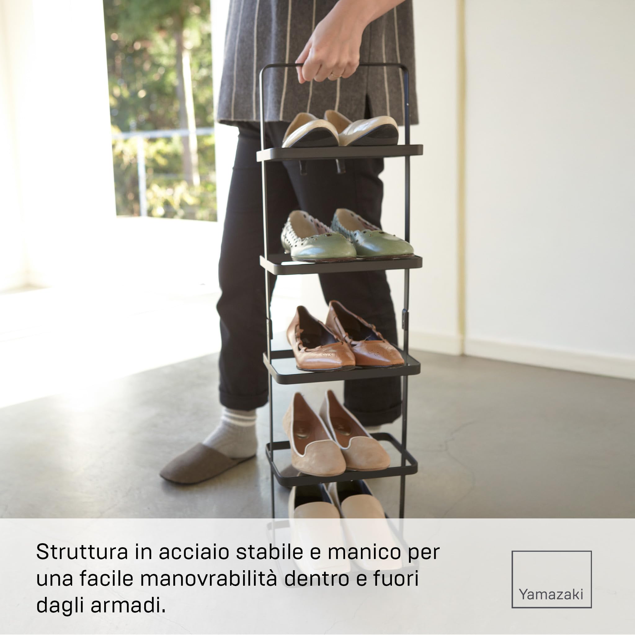 YAMAZAKI 2479 TOWER Scarpiera alta, nero, acciaio, design minimalista, 22 x 18 x 77,5 cm (LxPxA)