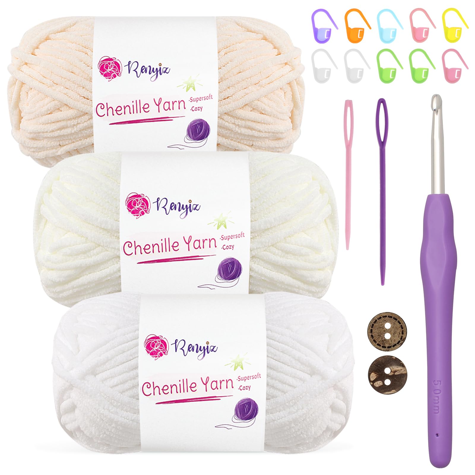 Chenille Chunky Yarn for Crochet 3x50g (60m/Skein) Soft Fluffy Wool Ideal for Blankets Amigurumi, Beginner Crocheters