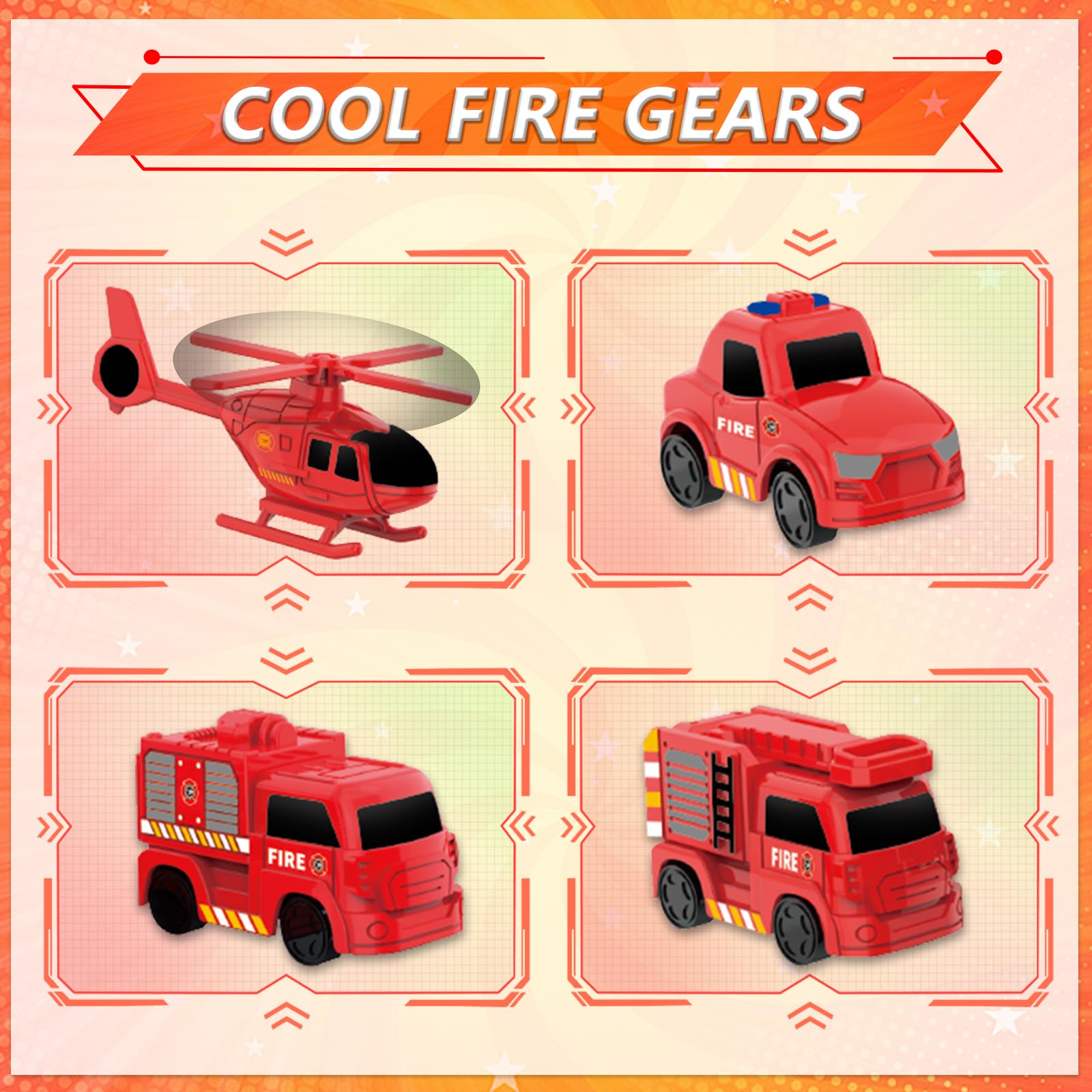 deAO Camion de Pompiers Jouet 2 Étages Dès 3 Ans – Caserne Garage avec Lumières et Sons, 3 Voitures et Hélicoptère, Jeu de Sauvetage et Cadeau Enfants
