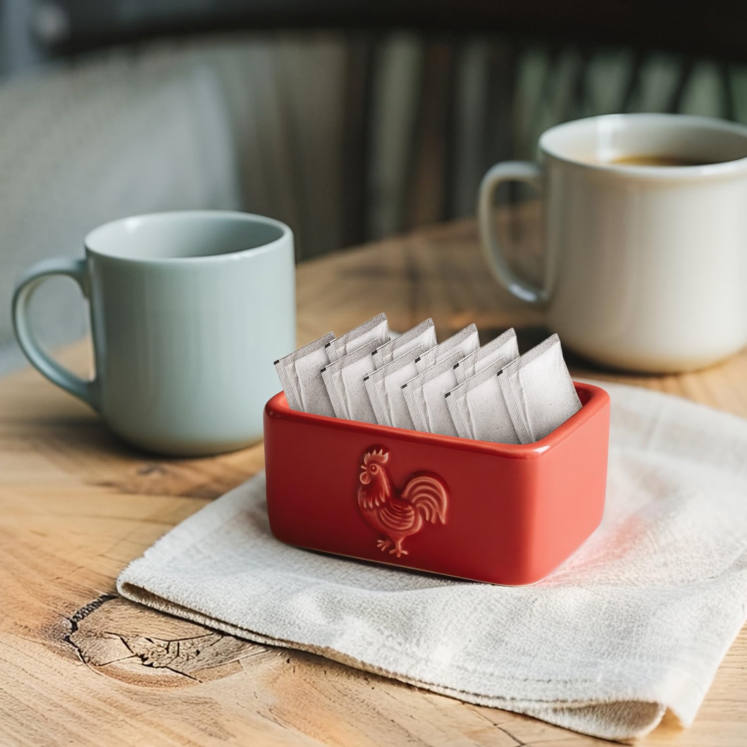 Sizikato Red Rooster Relief Porcelain Sugar Packet Holder Tea Bag Bowl, 4 In