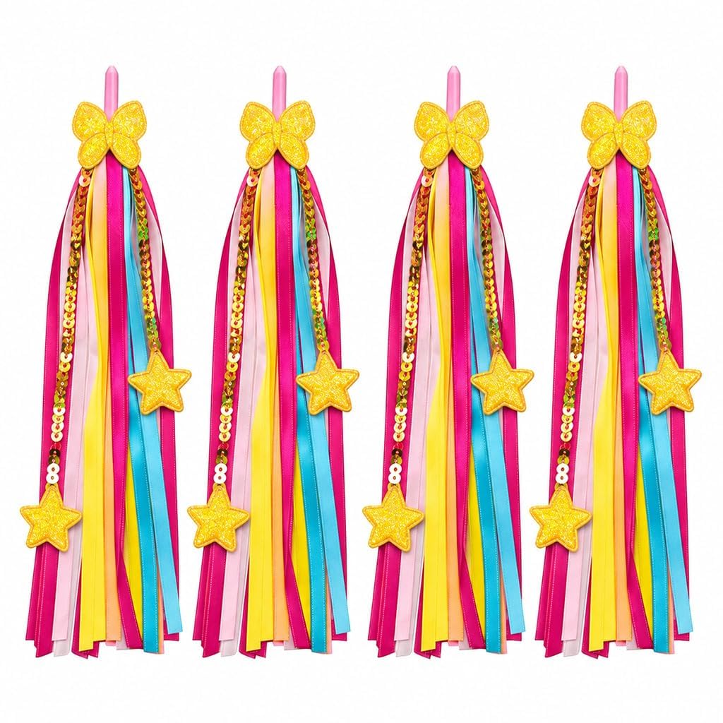4 Pcs Bike Streamers, 10.8 Inch Colorful Handlebar Tassels for Kids Bicycle Scooter Tricycle, Girls Boys Bike Accessories, Funny Ride Decoration Ribbons (Yellow+Pink)