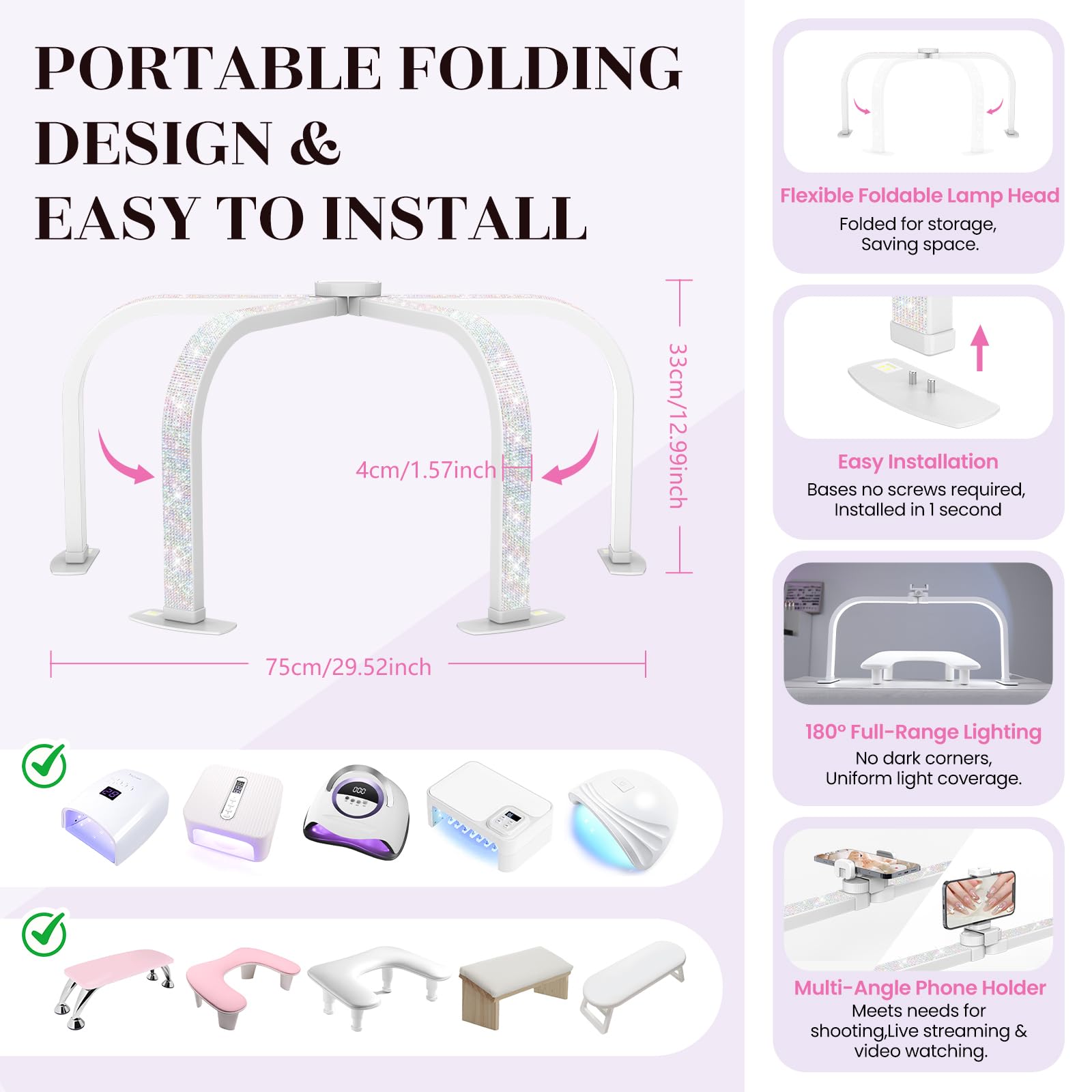 LIONVISON Halbmond Lampe 29 Zoll LED 3 Farbmodi Weiß Kristall Stil | LED Halbmondlampe mit blendarmem Licht - geeignet für Nageldesign Kosmetik und Detailarbeiten
