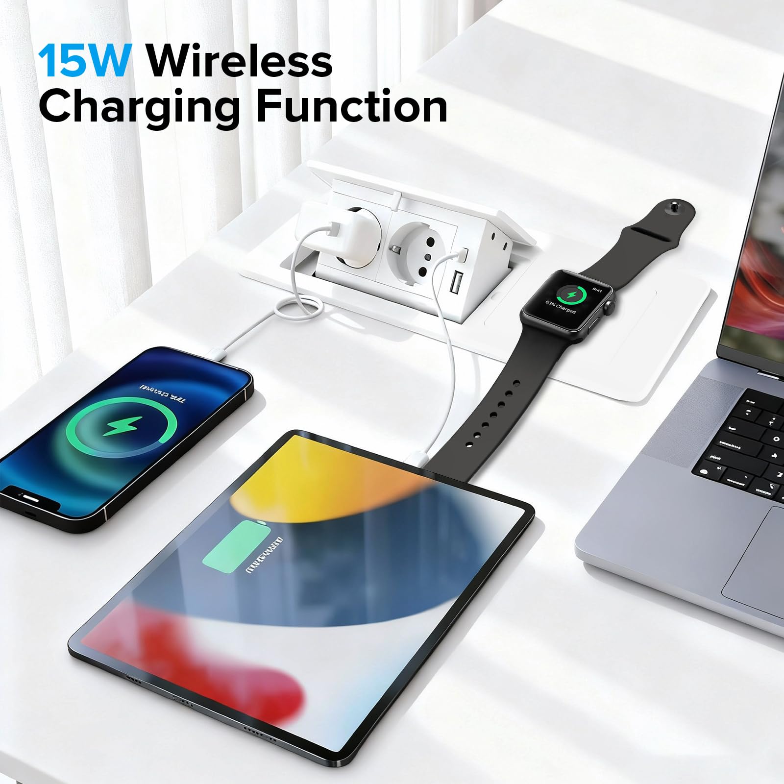 Presa a scomparsa con USB, presa elettrica da incasso con caricabatterie wireless 3 in 1, per telefoni cellulari, smartwatch e cuffie, presa da incasso per cucina, scrivania, tavolo da conferenza