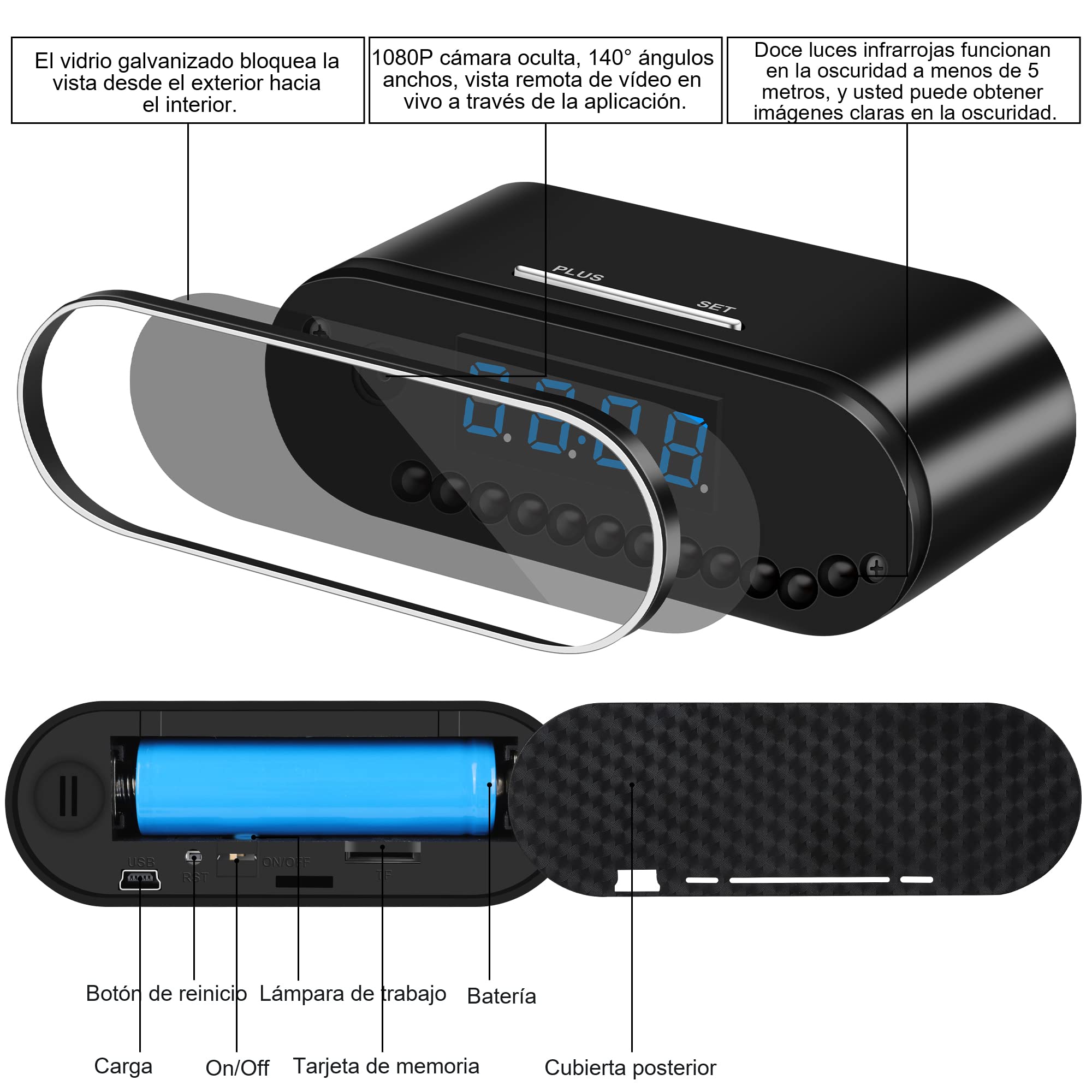 Reloj Mini Camara Espia Oculta vigilancia wifi interior 1080P - Black | HD 1080p,ángulo amplio de 140°,solo Wi-Fi 2,4G,visión nocturna,detección de movimiento,control por app,visualización remota