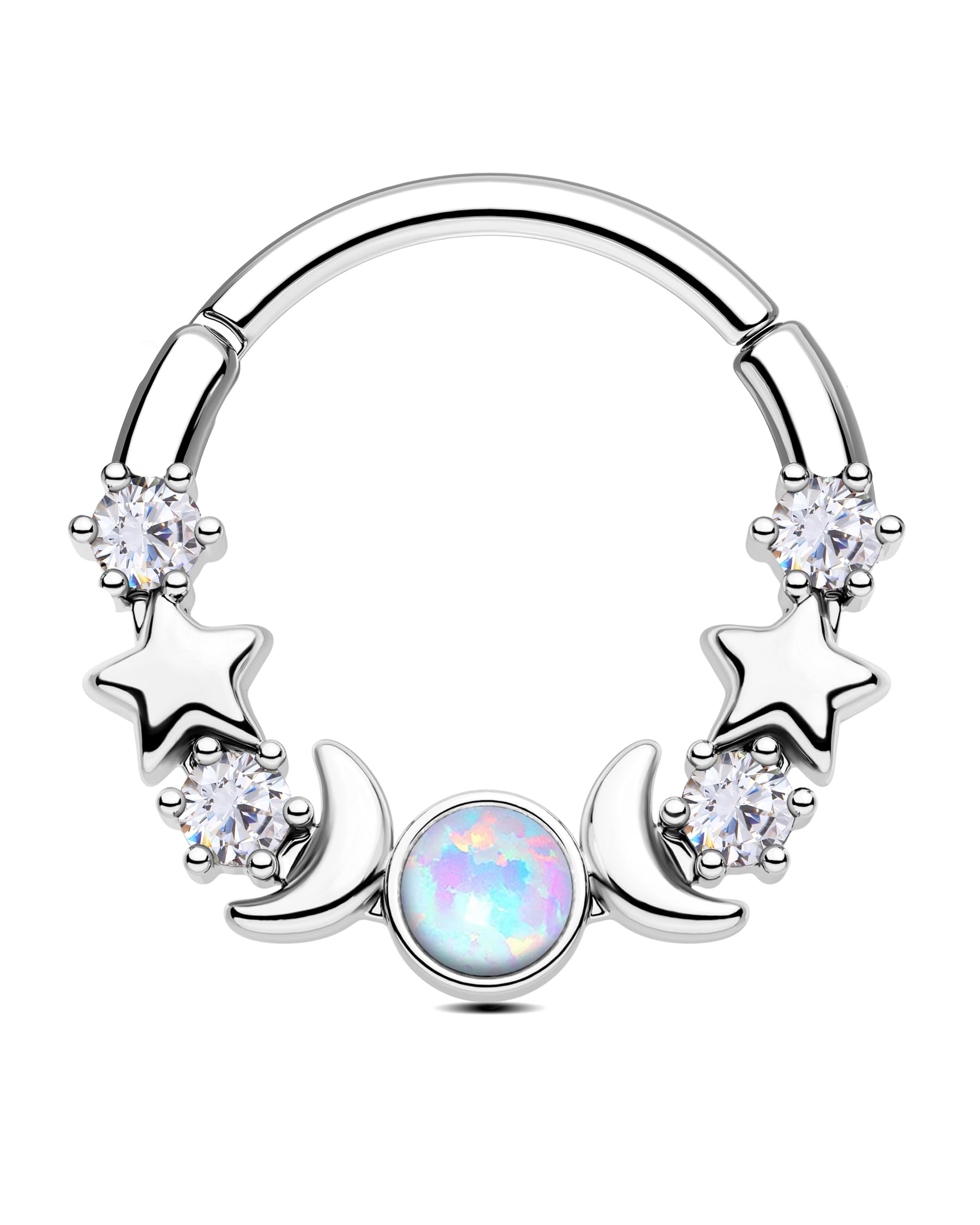 CM Crareesi Mania Moon Phase Septum Ring 16G Opal Septum Piercing Jewelry Star Daith Earrings 316L Stainless Steel Daith Piercing Hoop for Women