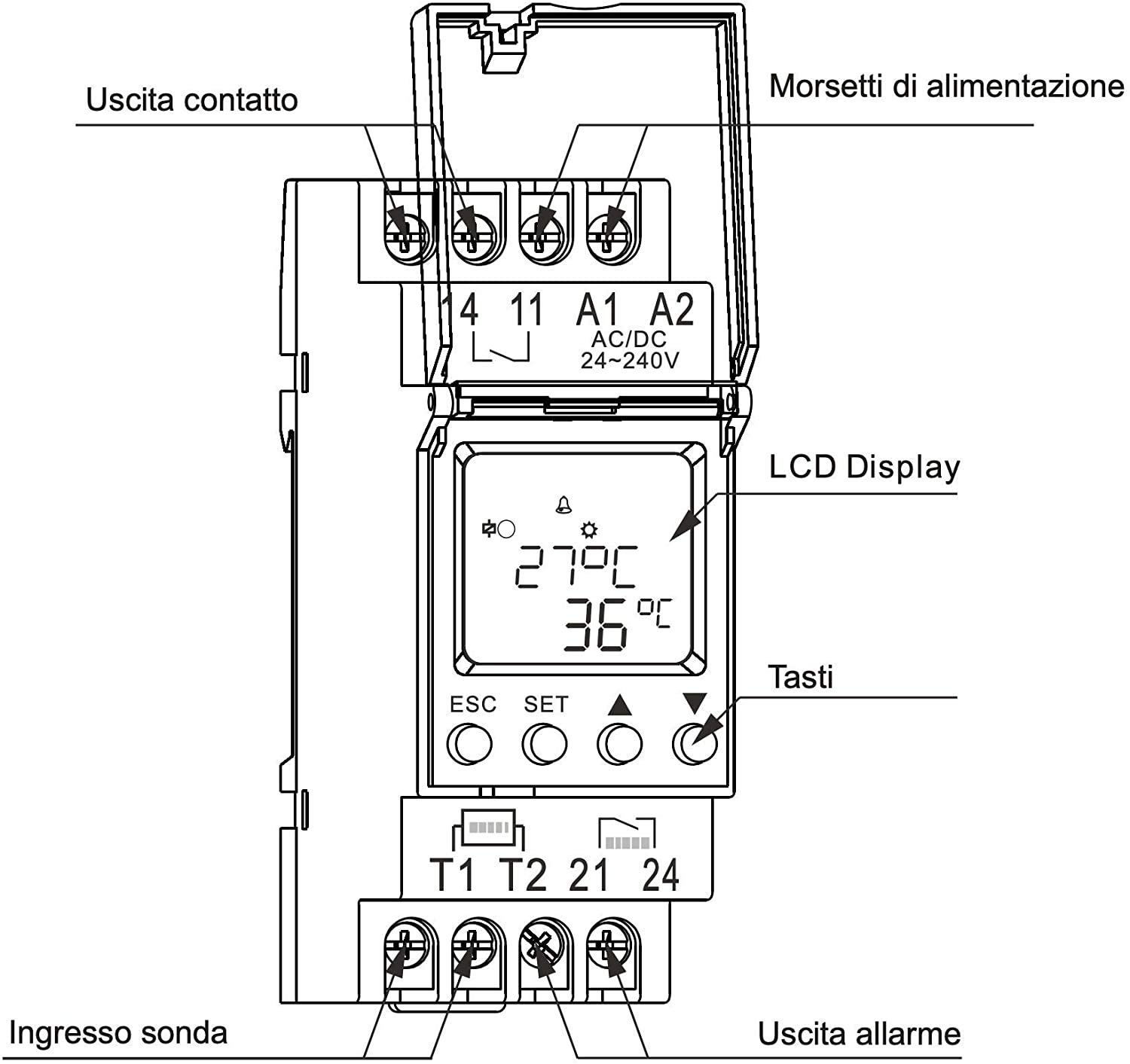 Plikc TRM - Termoregolatore digitale modulare completo di sonda range da -20 a +130°C - Alimentazione 24 - 240Vac/dc