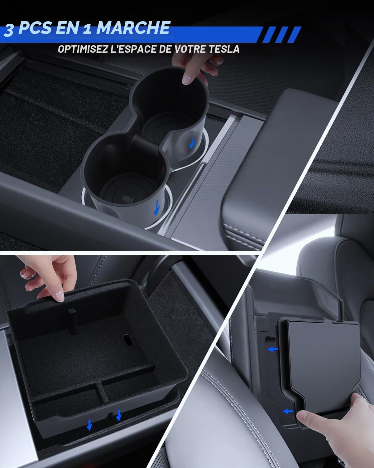 Lot de 3 Accessoires pour Tesla Model Y Standard 2025-2026 et Model Y 2025-2026 Juniper - Boîte de Rangement pour accoudoir - Boîte cachée et Porte-gobelet Model Y - Accessoires (Flocage)
