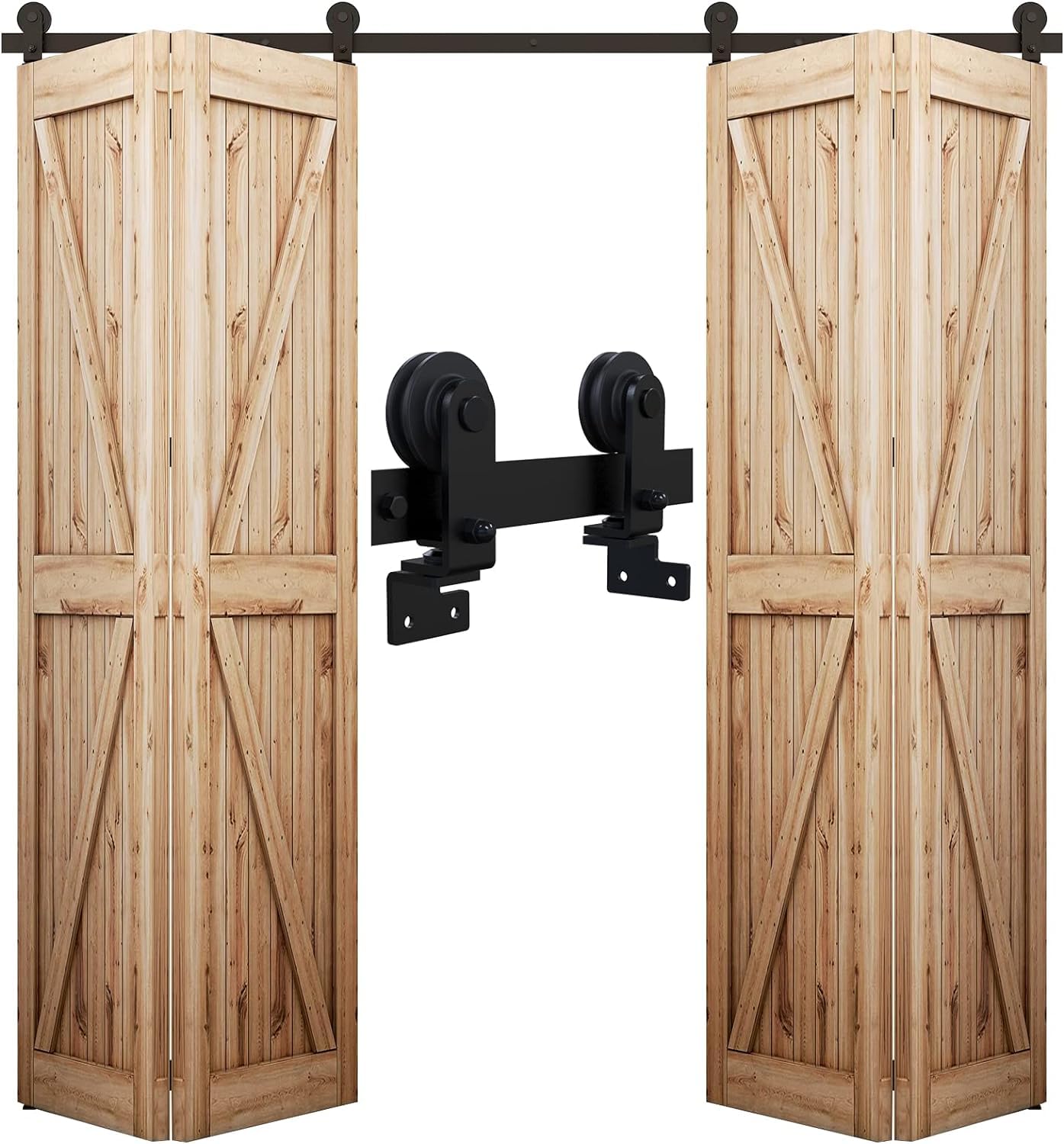 WOLFBIRD 130CM/4.3FT Bi-Folding Sliding Barn Door Hardware,Quietly Simple and Easy to Install for 4 Doors Hardware Kit, Applicable to Door Openings 100-110CM [T Style No Door ]