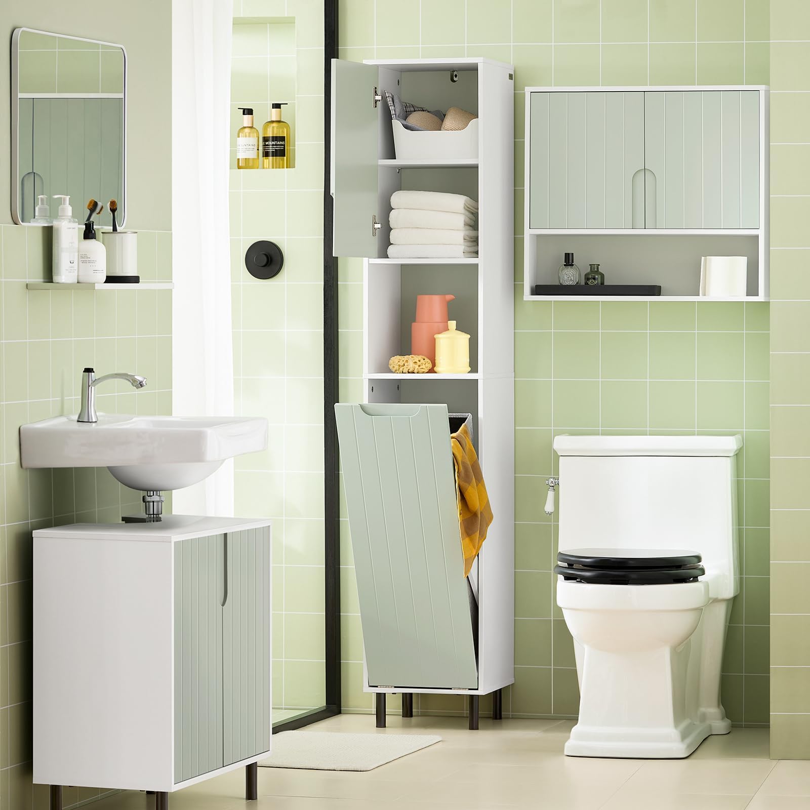 SoBuy Mobile Alto Bagno Salvaspazio con Sacco Portabiancheria