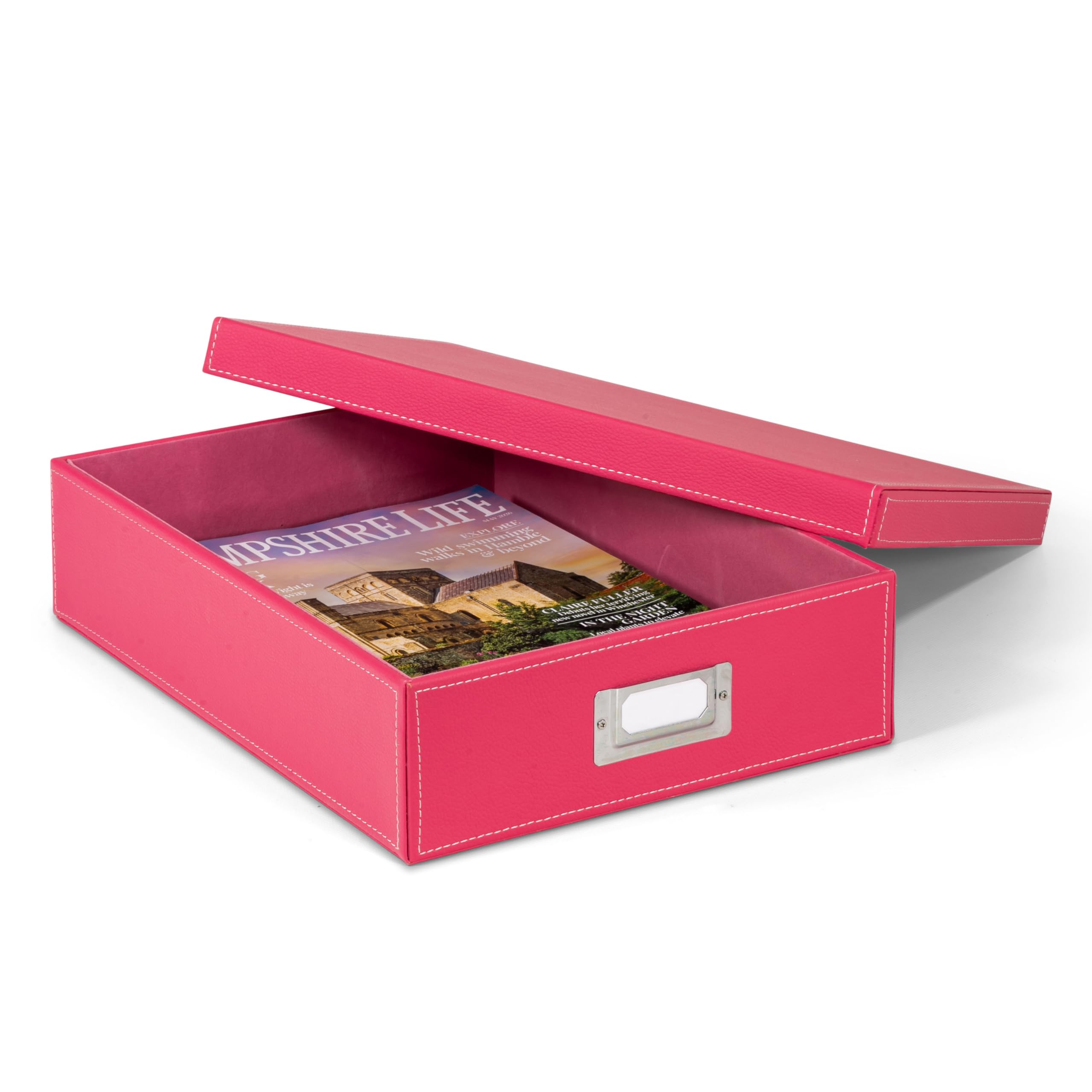 Osco Fuschia Pink Faux Leather A4 Document Storage Box With Lid, Stackable Desk Paperwork Organiser For Files And Envelopes, Durable Filing Solution For Home Or Office, 8.5×25×33.5 Cm,