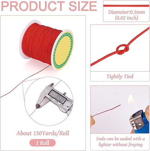 Miniatura 6 de Cordón de nailon trenzado de 150 yardas, cuerda roja de 0.020 in para pulsera, hilo de cuentas de nailon para collar Kumihimo, joyas, borlas y