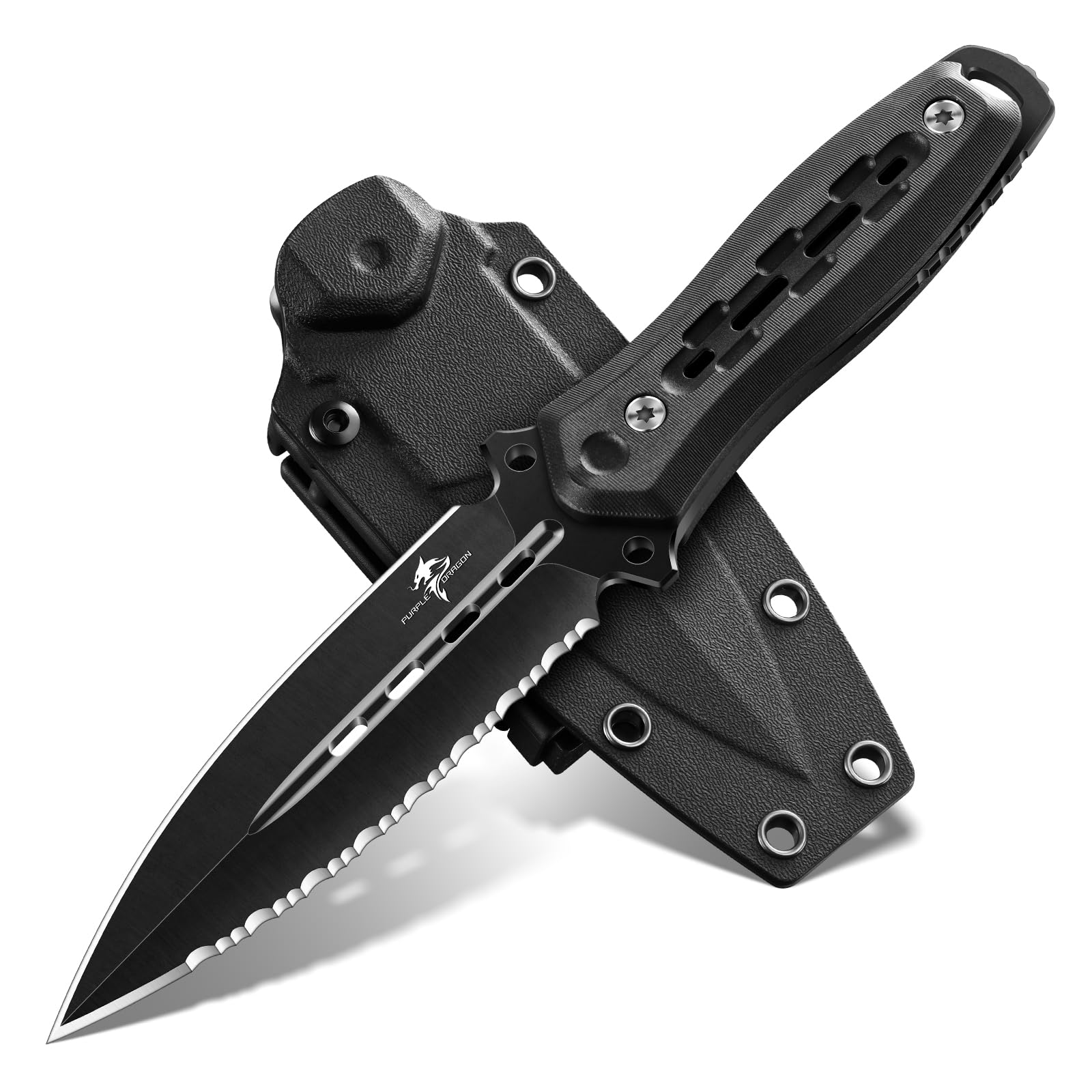 Purple Dragon Survival Messer mit Scheide - Jagdmesser Schwarz mit Feststehende Klinge - Outdoor Messer für Camping Jagd Wandern Abenteuer - Geschenk für Männer