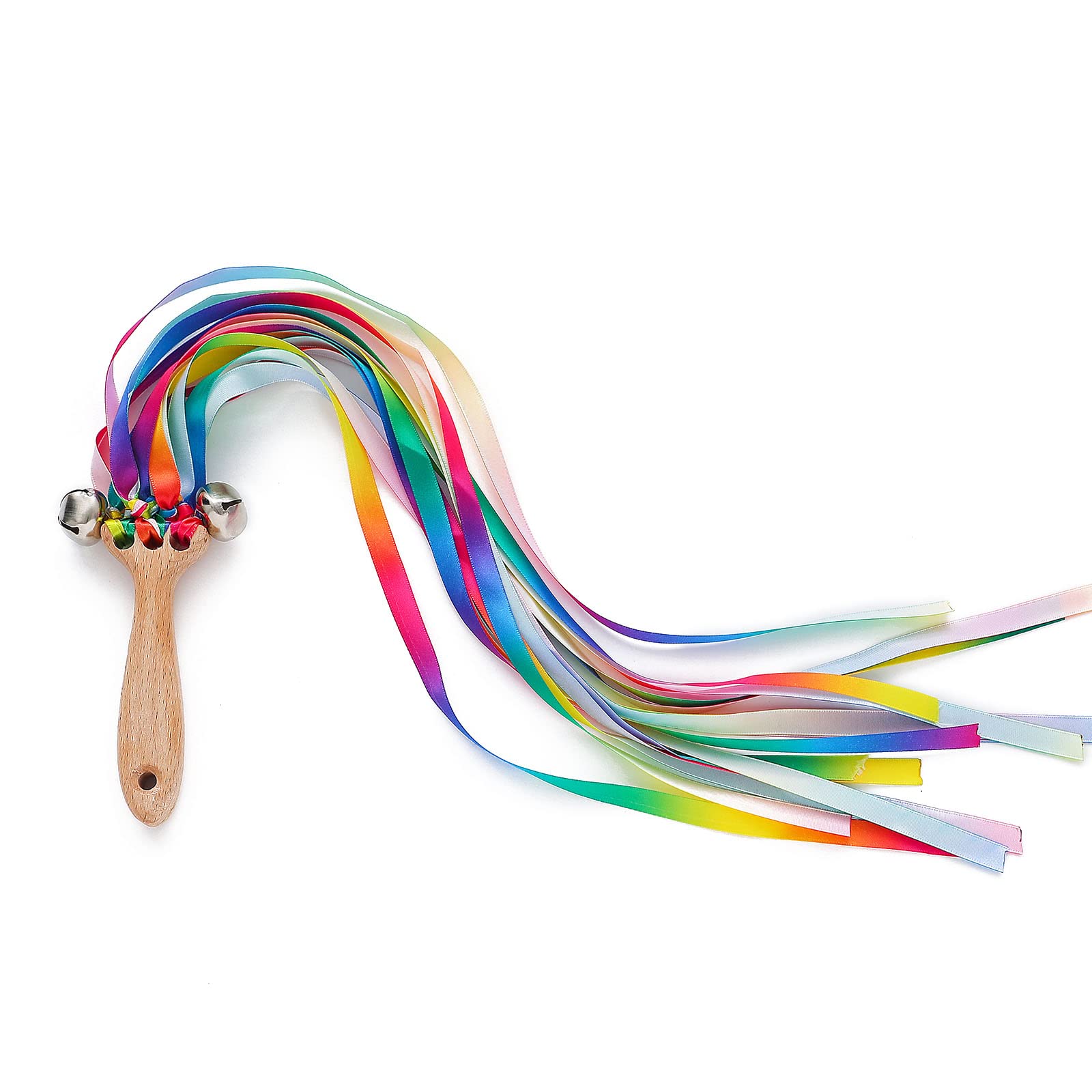 Wooden Printed Ribbon Rattle Hand Kite Toys Baby Develop Hearing Recognition Sensory Shower Birthday Gift Rainbow Ribbon Wide Rainbow Pastel Thin