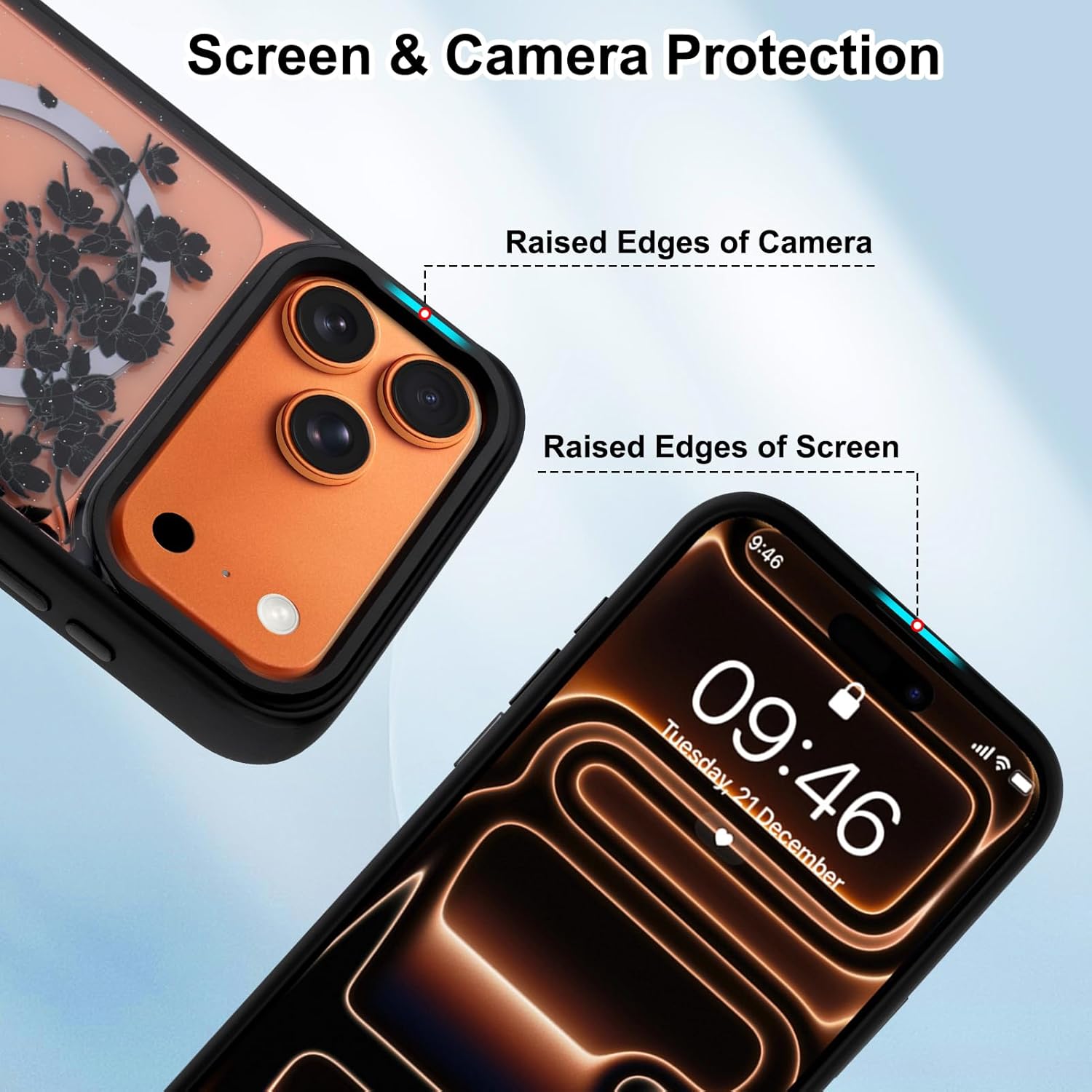 OOK Case Fit for iPhone 17 Pro Max 6.9 Inch (Compatible with MagSafe) Clear Glitter Phone Cover with Black Floral Flowers Design Soft TPU + Hard PC Anti-Scratch Shockproof Magnetic Case for Women