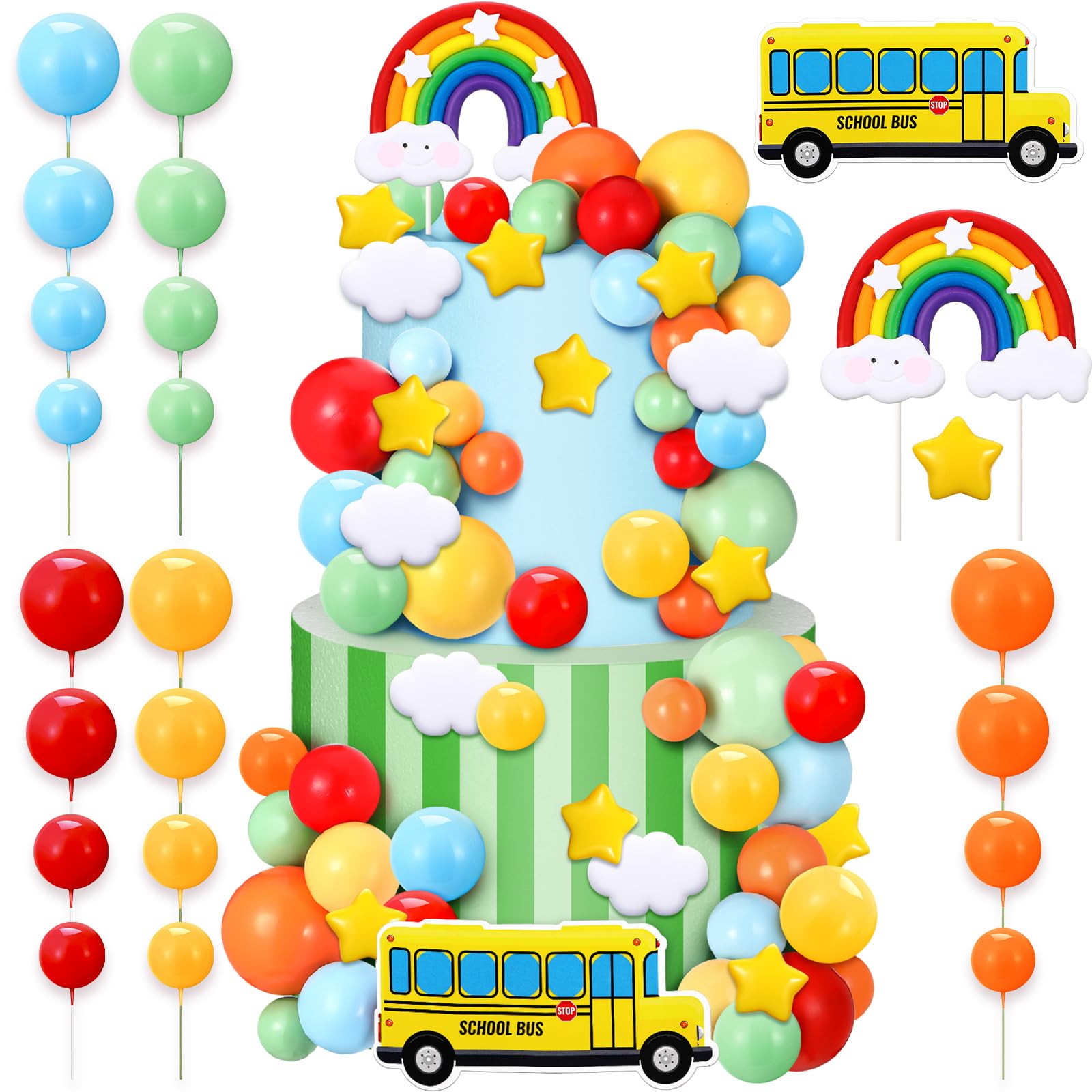 Burbell 68 Pcs Rainbow Cake Toppers and School Bus Topper Kit Colorful Balls Cake Decorations for Birthday Party Supplies Birthday Theme Decor,