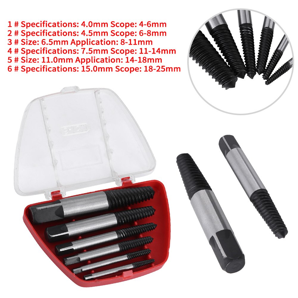 6Pz HSS Danneggiato Estrattore Vite Set 4mm-25mm Spogliato e Bulloni Fastners Rimozione Strumento con Scatola