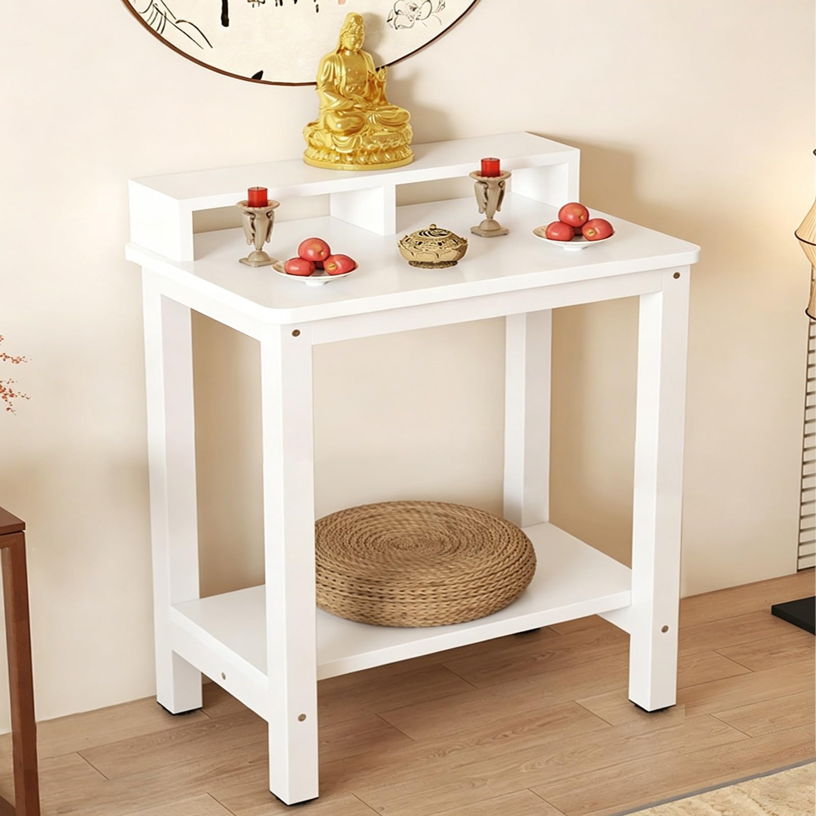 JNTFNE Metal Frame Meditation Altar Table, Buddha Puja Board with Storage, Prayer Stand Display Rack, for Living Rooms, Office, Shrines, Temples(White 2,40cm/15.7in)