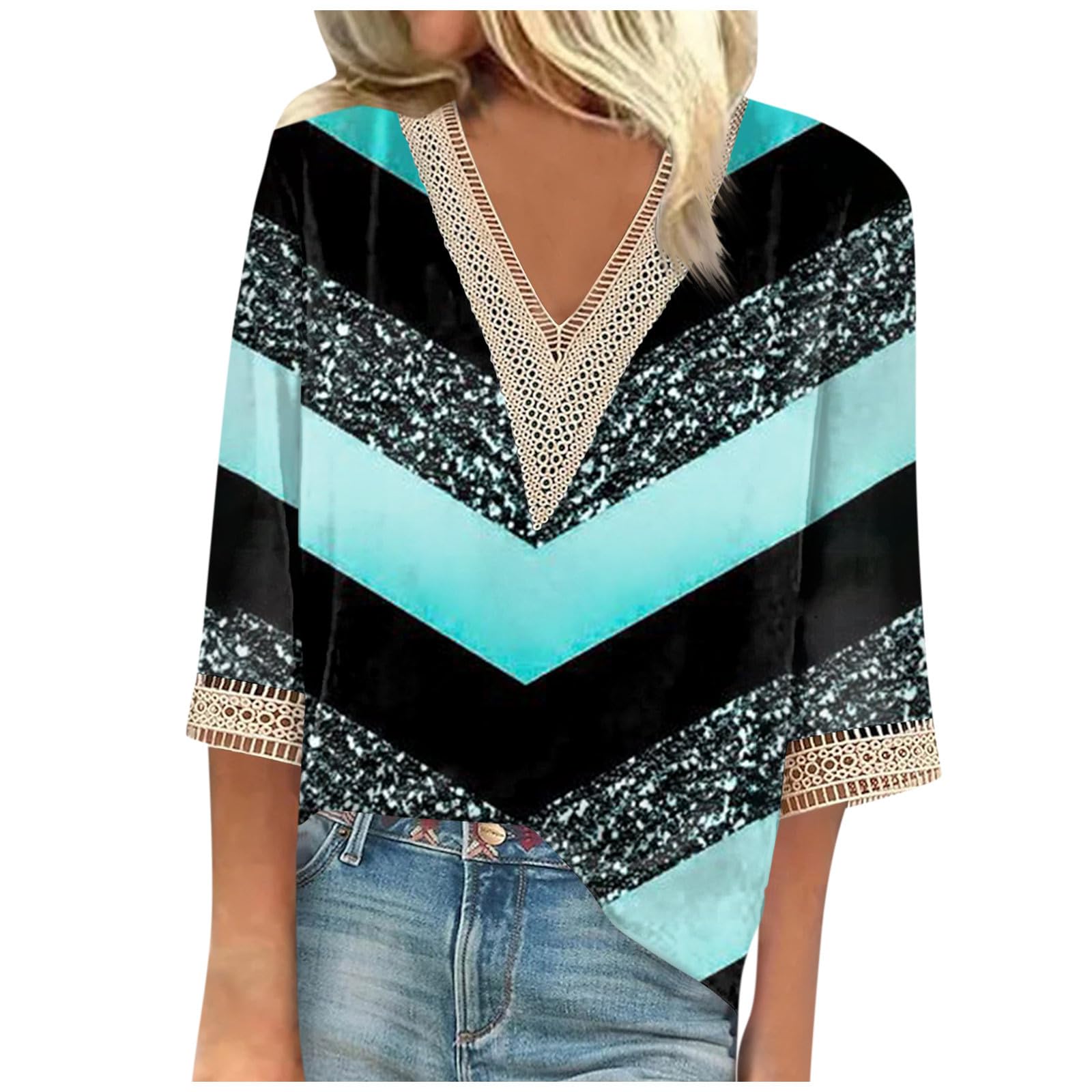 3/4 Sleeve Tshirts for Women Floral Printed Tunic Blouse V Neck Lace Crochet Tops Flowy Casual Loose Fit T Shirt