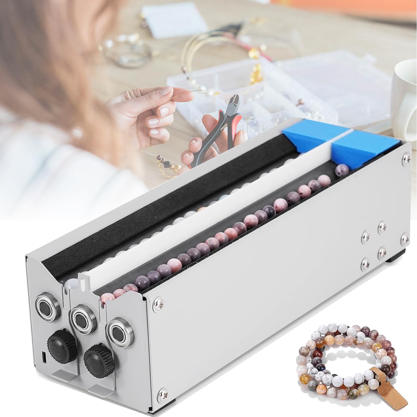 Máquina eléctrica de cuentas, herramienta de cuentas de doble canal con rango de rosca de 1,5 a 17 mm, ancho de rodillo ajustable para diseño de joyas, pulseras y collares