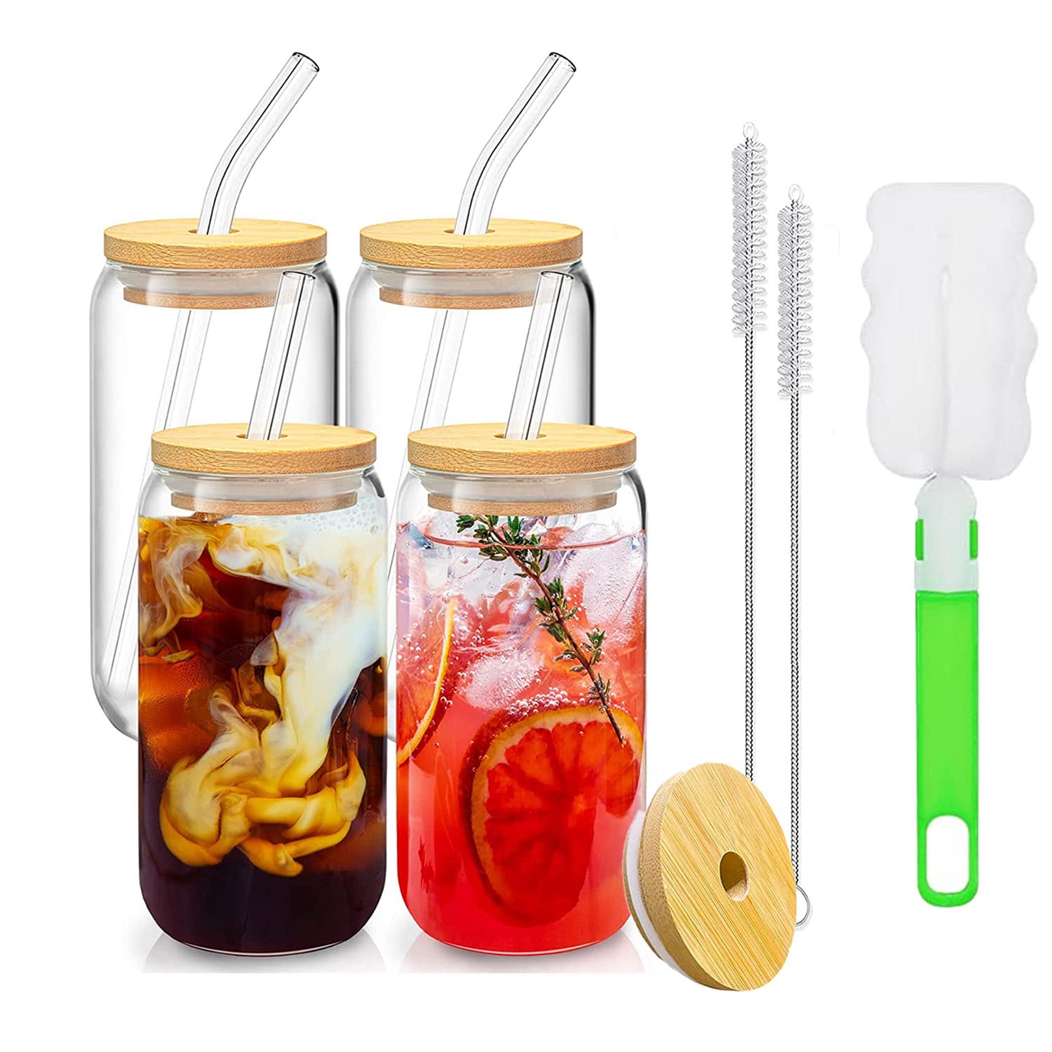 TAPIT Drinking Glasses with Bamboo Lids and Glass Straw, 13.5oz/17oz Beer Can Shaped Glass Cups, Tumbler Cup Ideal For Beer, Tea, Soda, Iced Coffee Include 2 Cleaning Brushes (4pc,500ml*4)