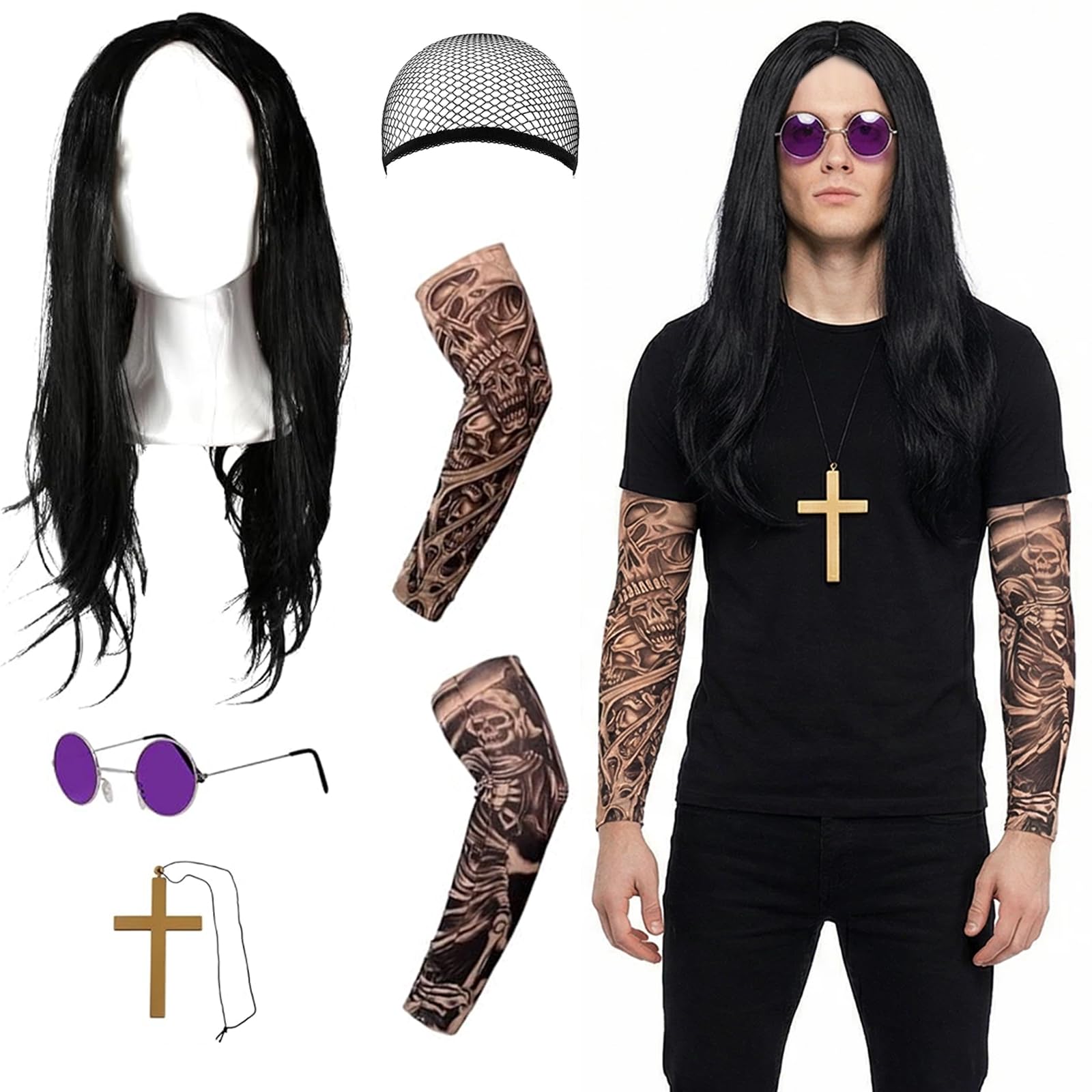 EDLMKM 5Pcs Rocker Wig Set, Rock Costume Set, Black Long Wig, Round Hippy Glasses, Cross Necklace and Tattoo Sleeves, Rocker Fancy Dress Accessories, Costume for Theme Party Halloween Stage Carnival - Image 2